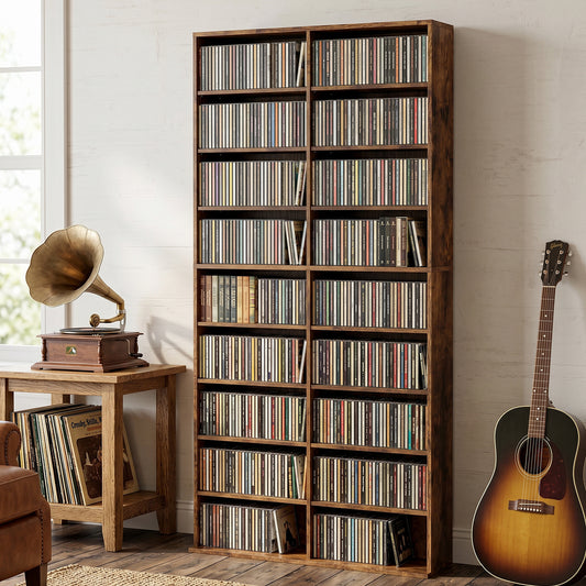 HOMCOM 640 CD Storage Tower Rustic Brown with 14 Adjustable Shelves and Anti Tipping