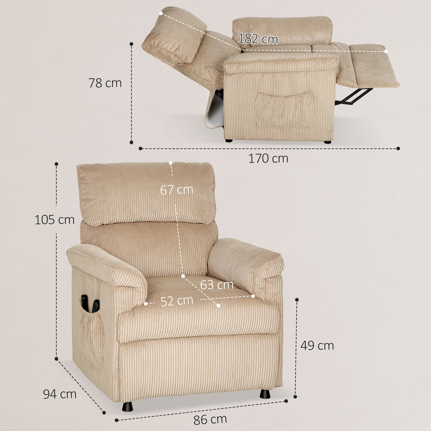 HOMCOM Corduroy Electric Massage Recliner Brown With Heat And Memory Function For Ultra Quiet Comfort