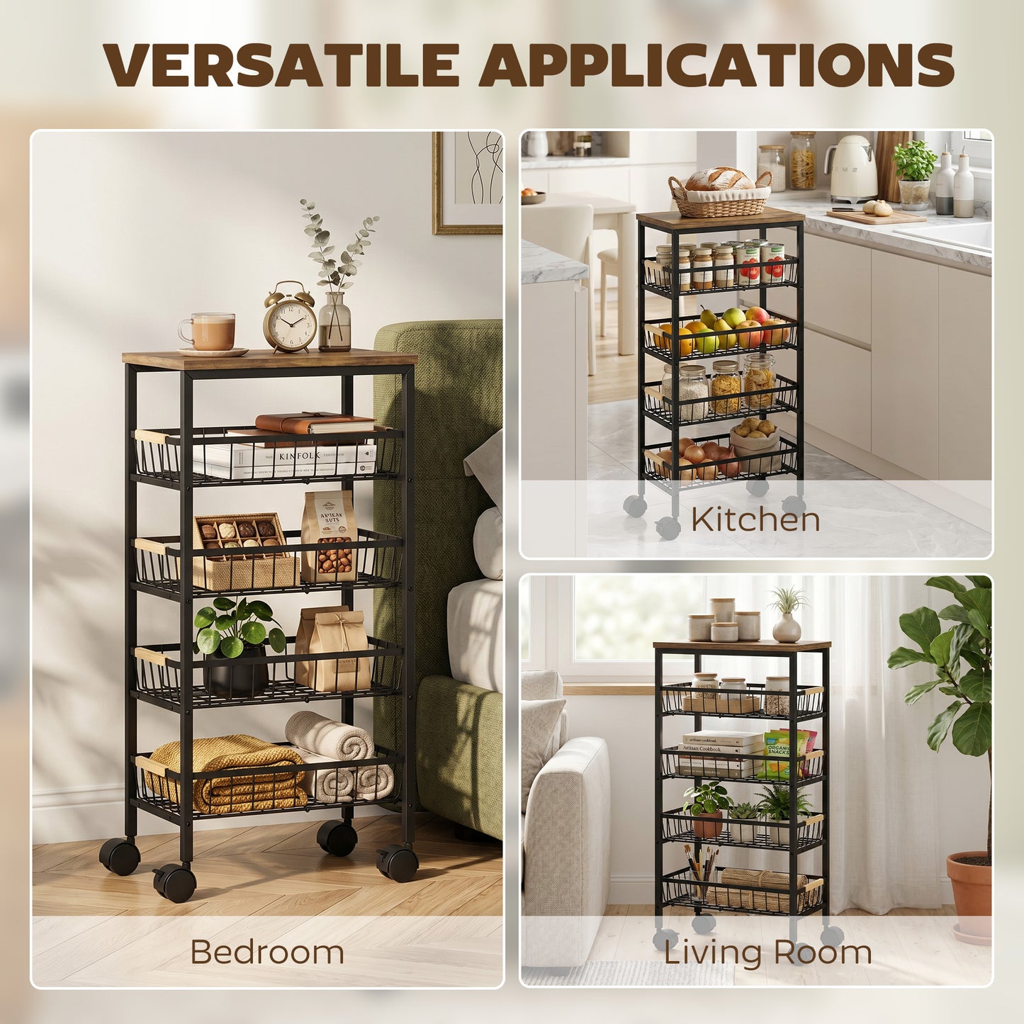 HOMCOM Metal Kitchen Trolley 4 Tier Storage With Pull Out Baskets And 4 Swivel Casters Rustic Brown