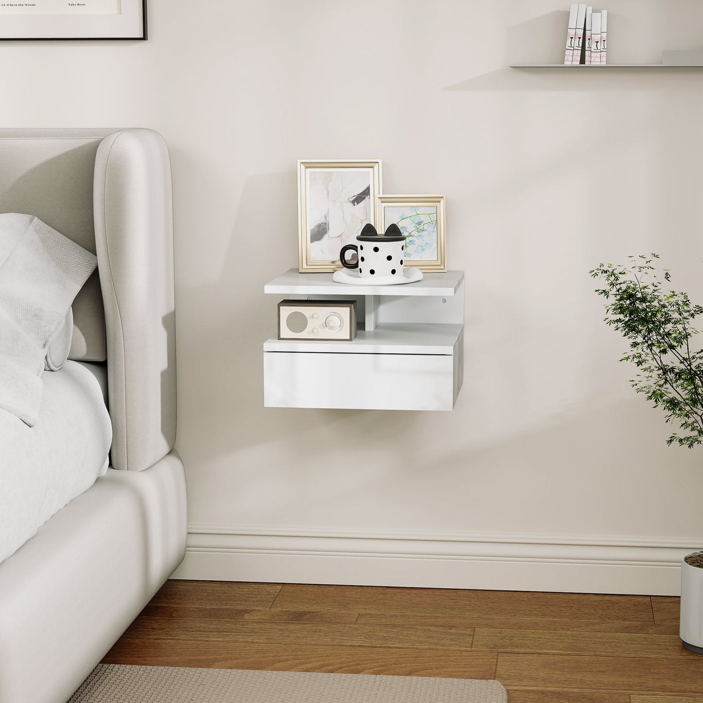HOMCOM Floating High Gloss White Bedside Table With Pull Out Drawer And Open Shelf Wall Mounted Nightstand