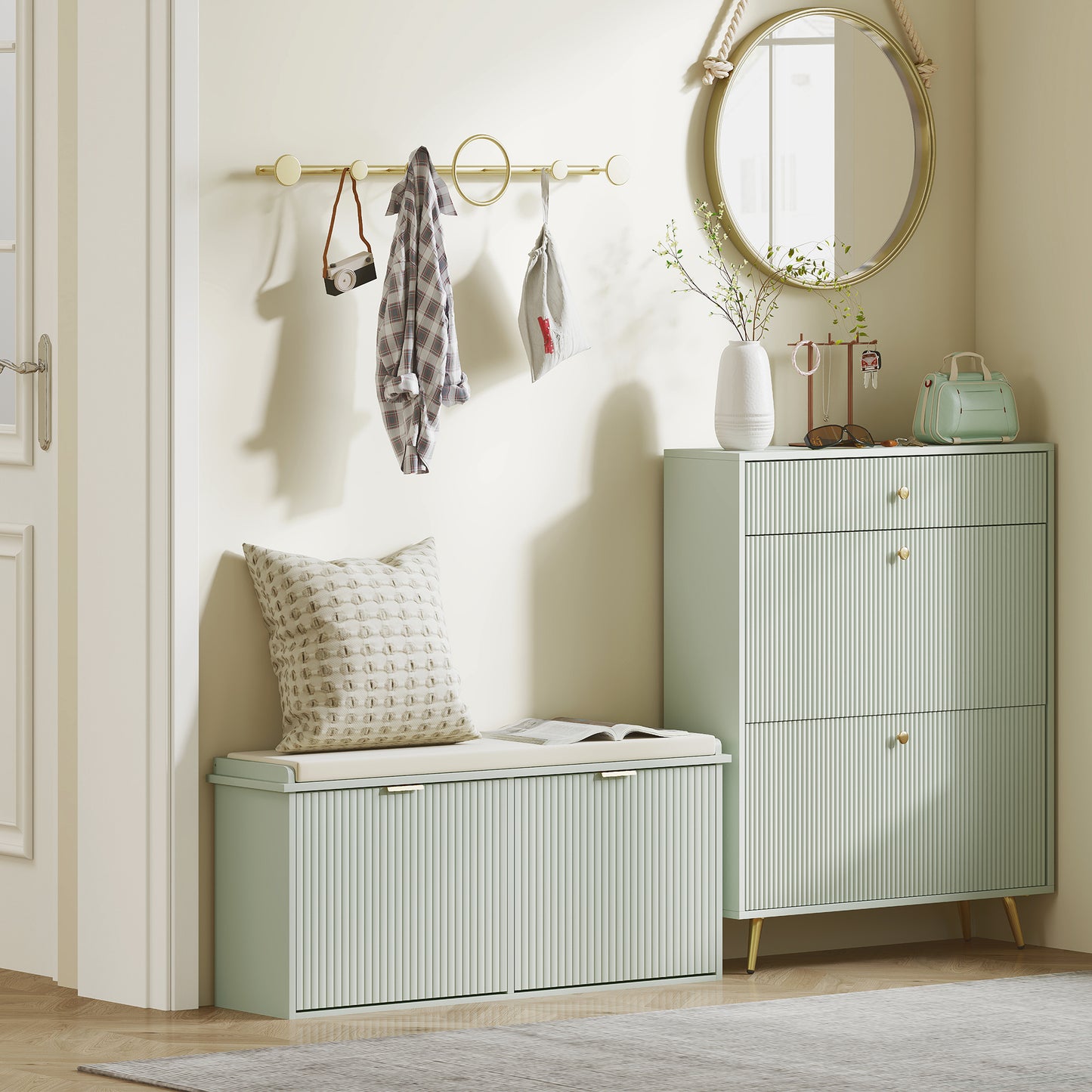 HOMCOM Green Elegant Ten Shoe Bench With Top Seat And Flip Drawer For Entryway Storage 240 Kg Capacity