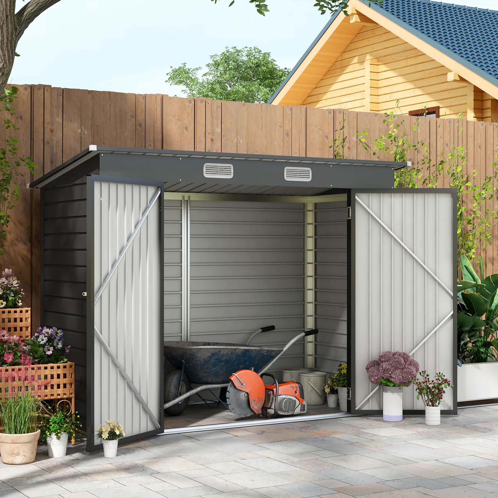 Outsunny 8 x 4FT Galvanized Metal Garden Storage Shed with Double Doors and Ventilation, Grey - ALL4U RETAILER LTD