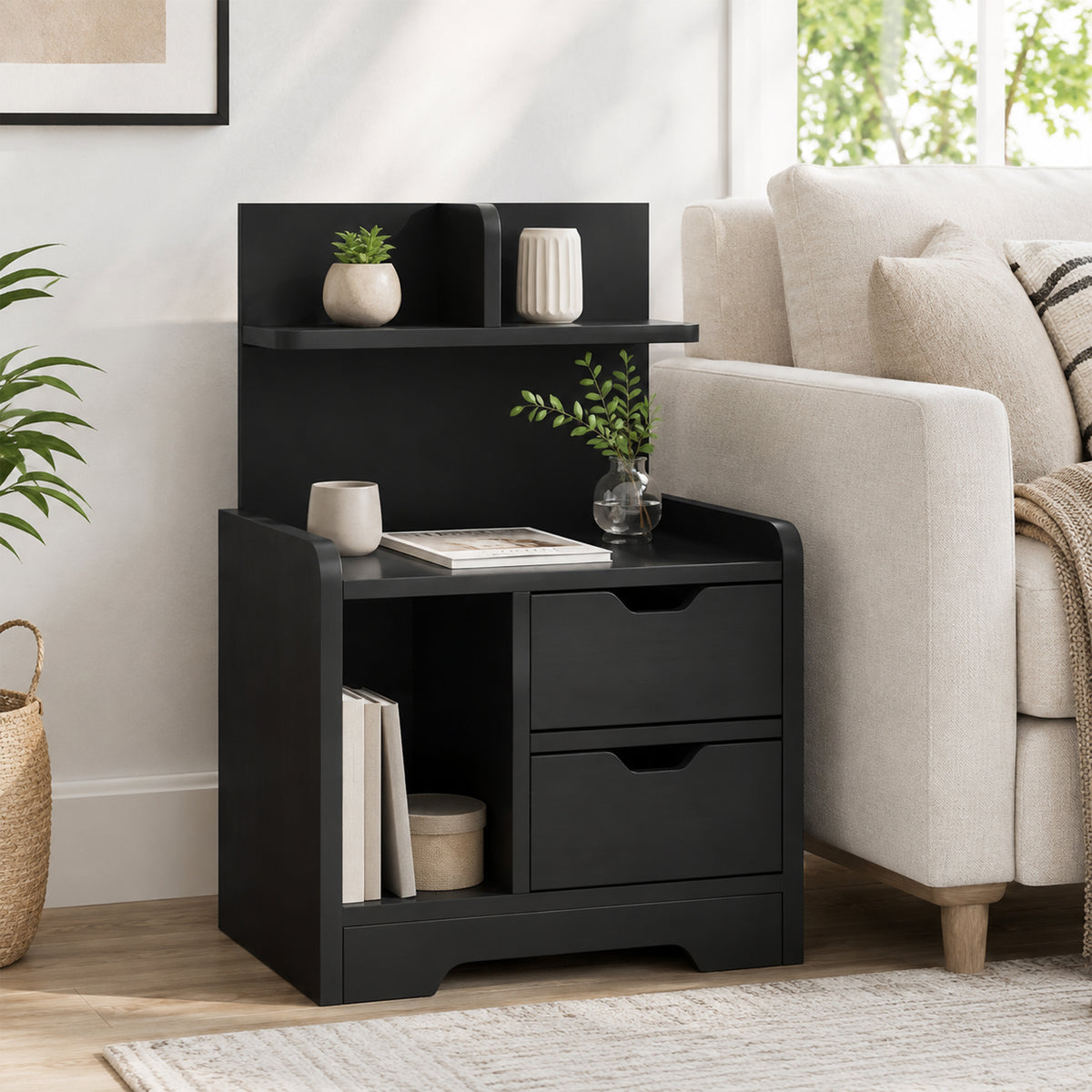 HOMCOM Black Wood Effect Bedside Table With Drawers And Shelf