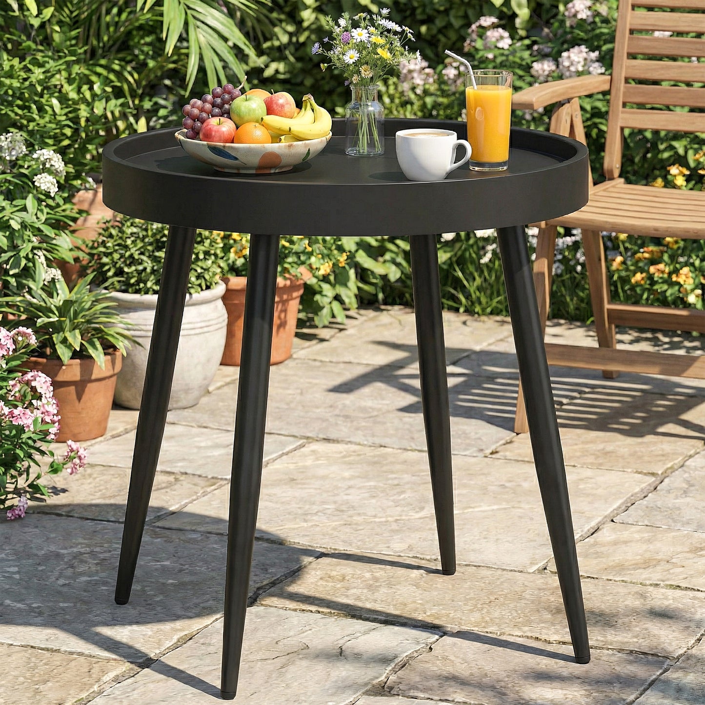 Outsunny 49.5 Cm Round Garden Table Outdoor Side Table With Plastic Tray Top And Metal Legs Black