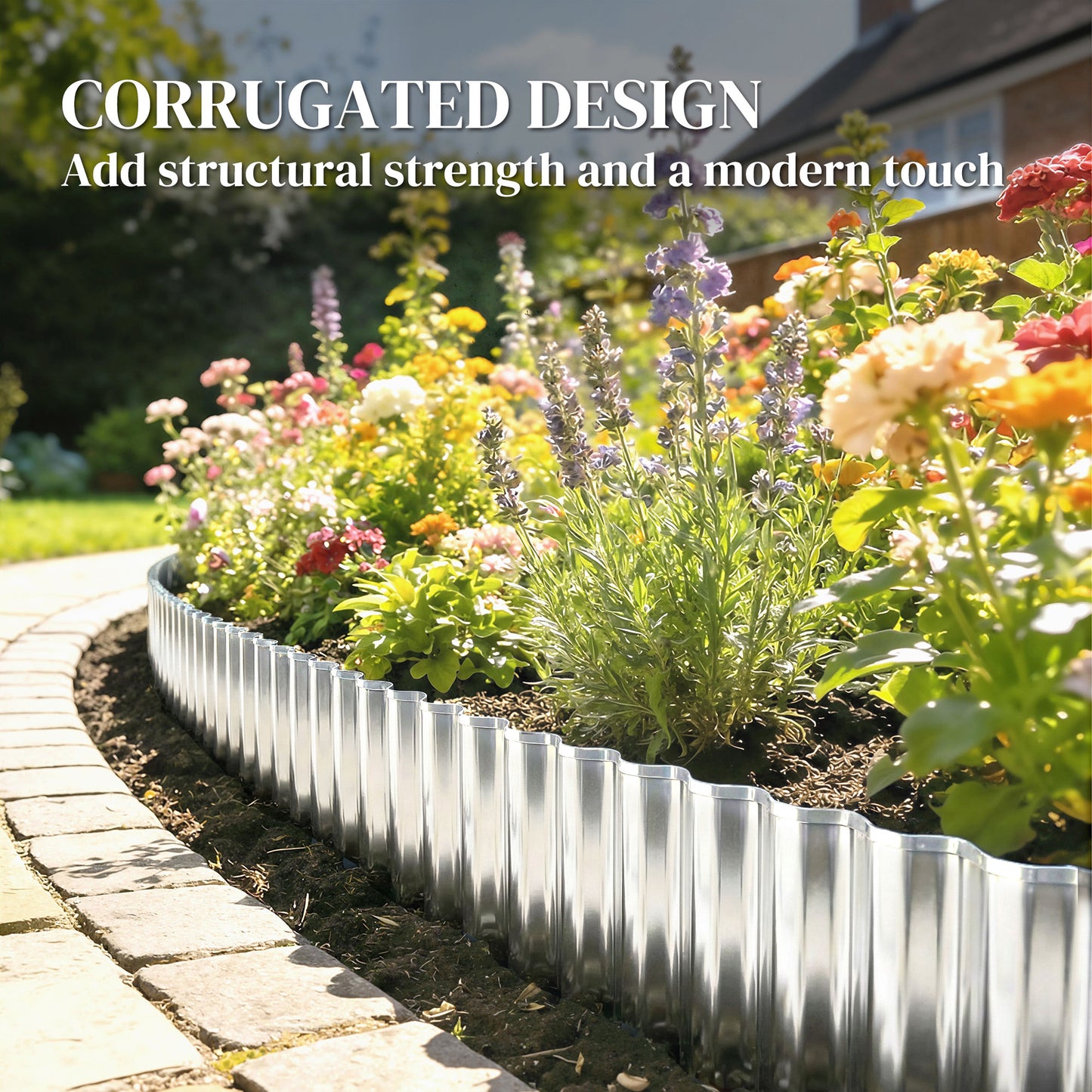 Outsunny Metal Garden Edging Border 8 Inch By 21.3 Foot Corrugated Heavy Duty Galvanised Steel Lawn Edging Silver Tone
