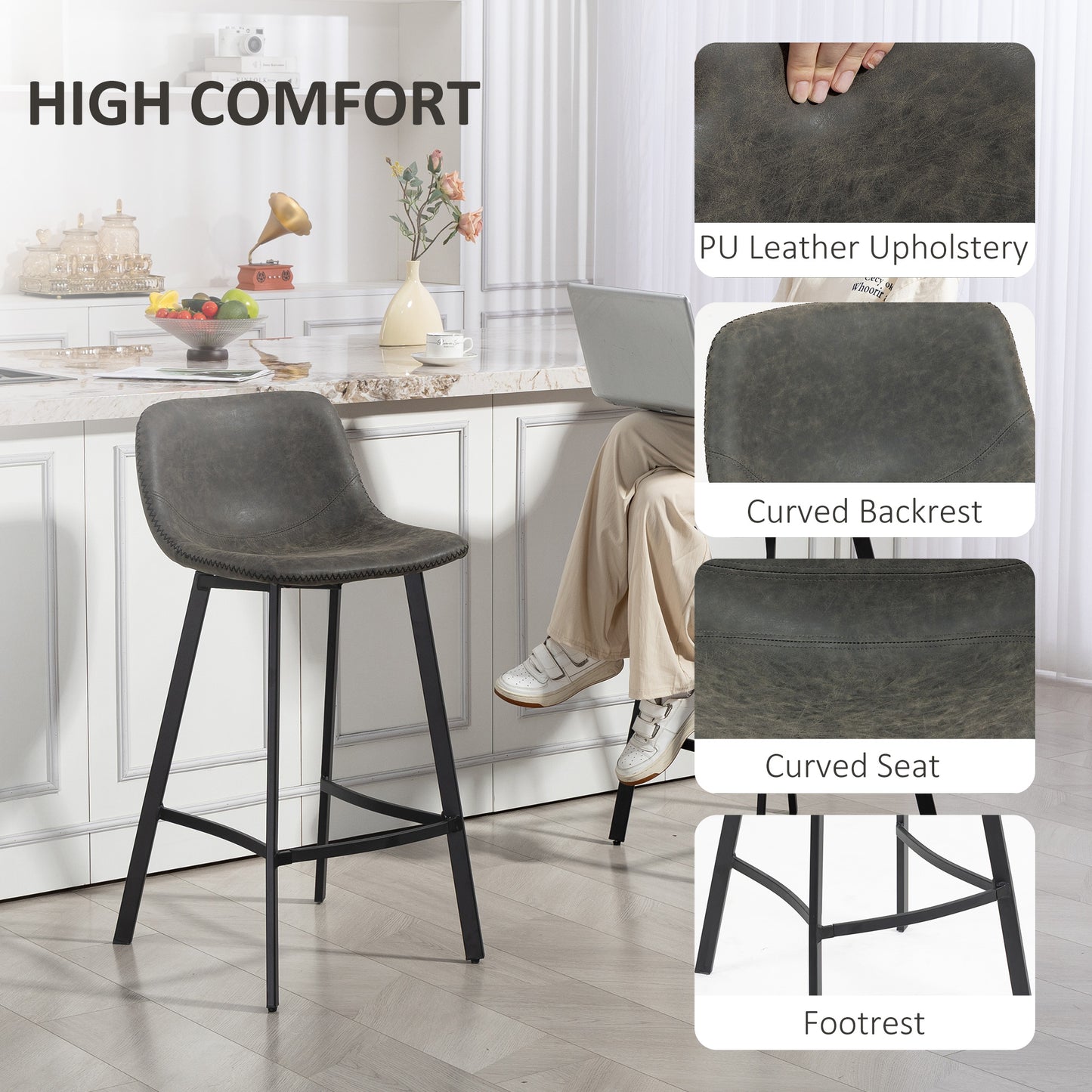 HOMCOM Bar Stools Set Of 2 PU Leather Dining Stools With Backrest And Footrest For Kitchen Counter Breakfast Bar Grey