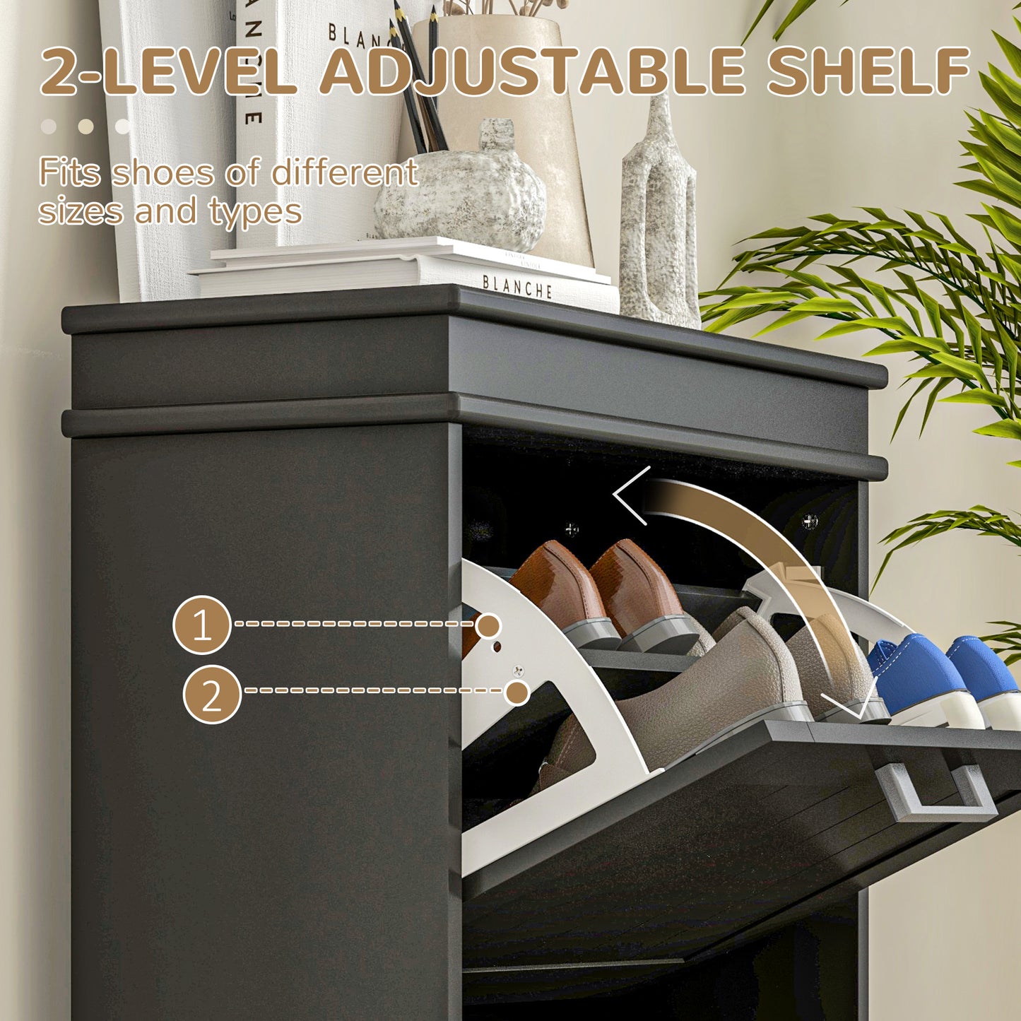 HOMCOM Two-Drawer Minimalistic 10-Shoe Cabinet For Narrow Spaces With Adjustable Shelves In Black