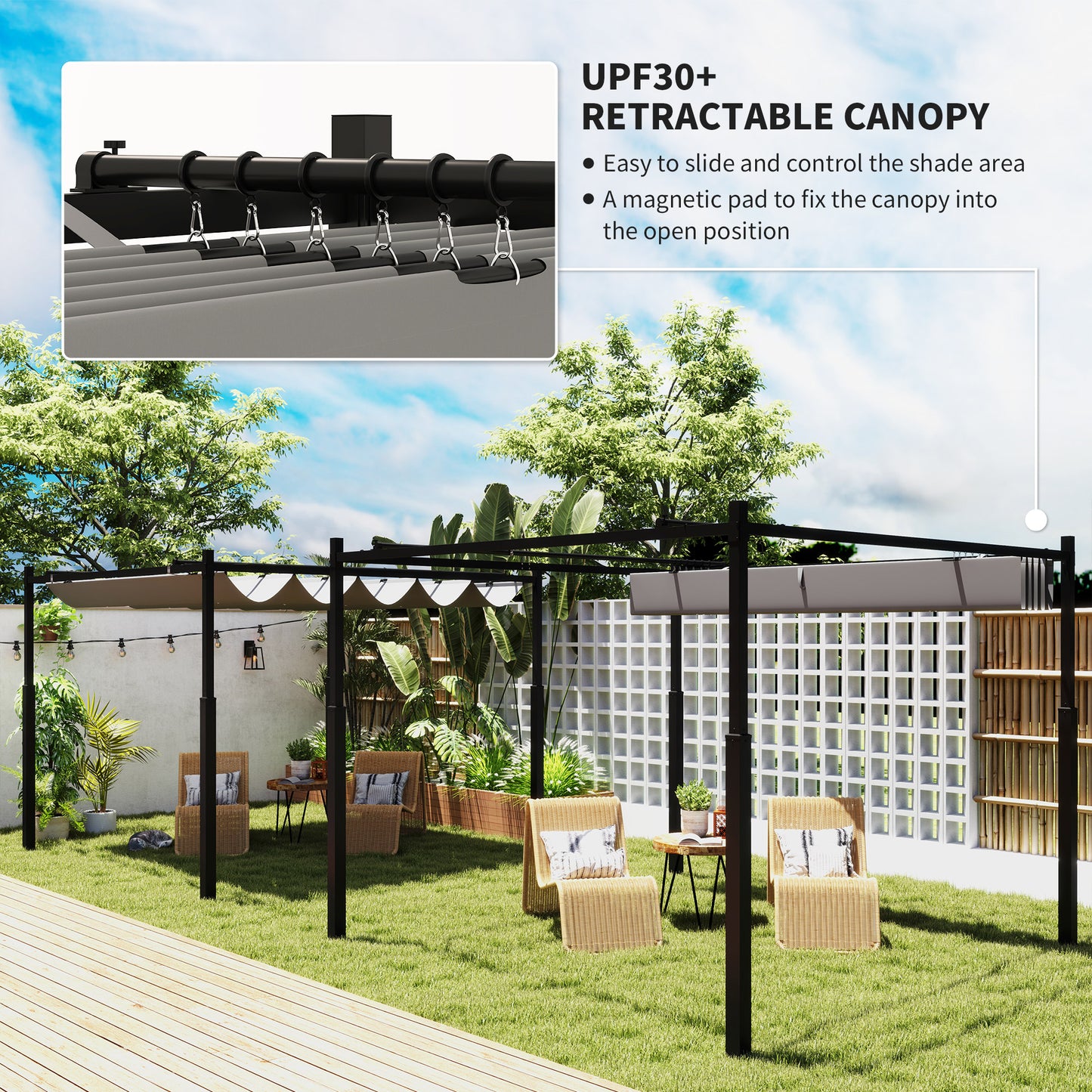 Outsunny 3x3m Metal Pergola With Retractable Roof And Magnetic Fixture Outdoor Gazebo Canopy UPF30 80mm Column Grey