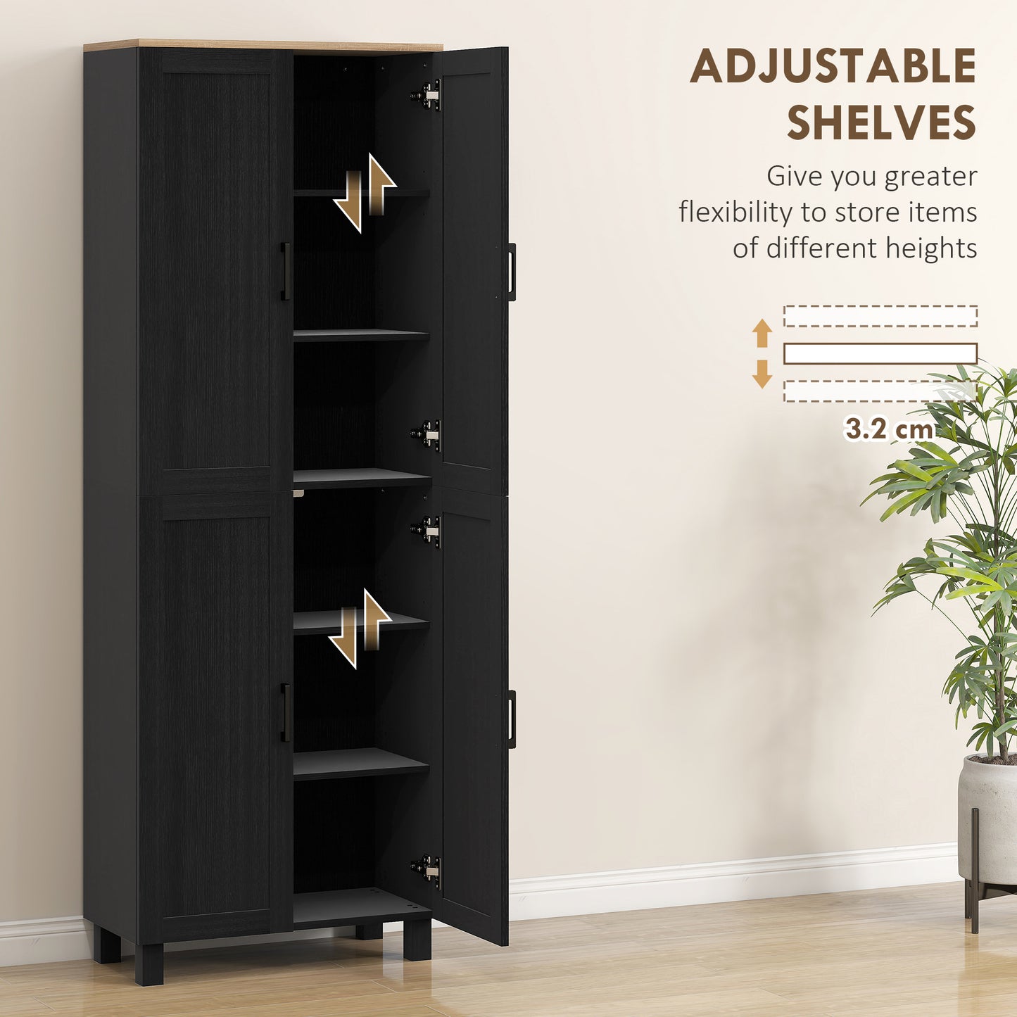 HOMCOM Freestanding 4-Door Kitchen Cupboard With Adjustable Shelves Tall Storage Cabinet 170cm Black