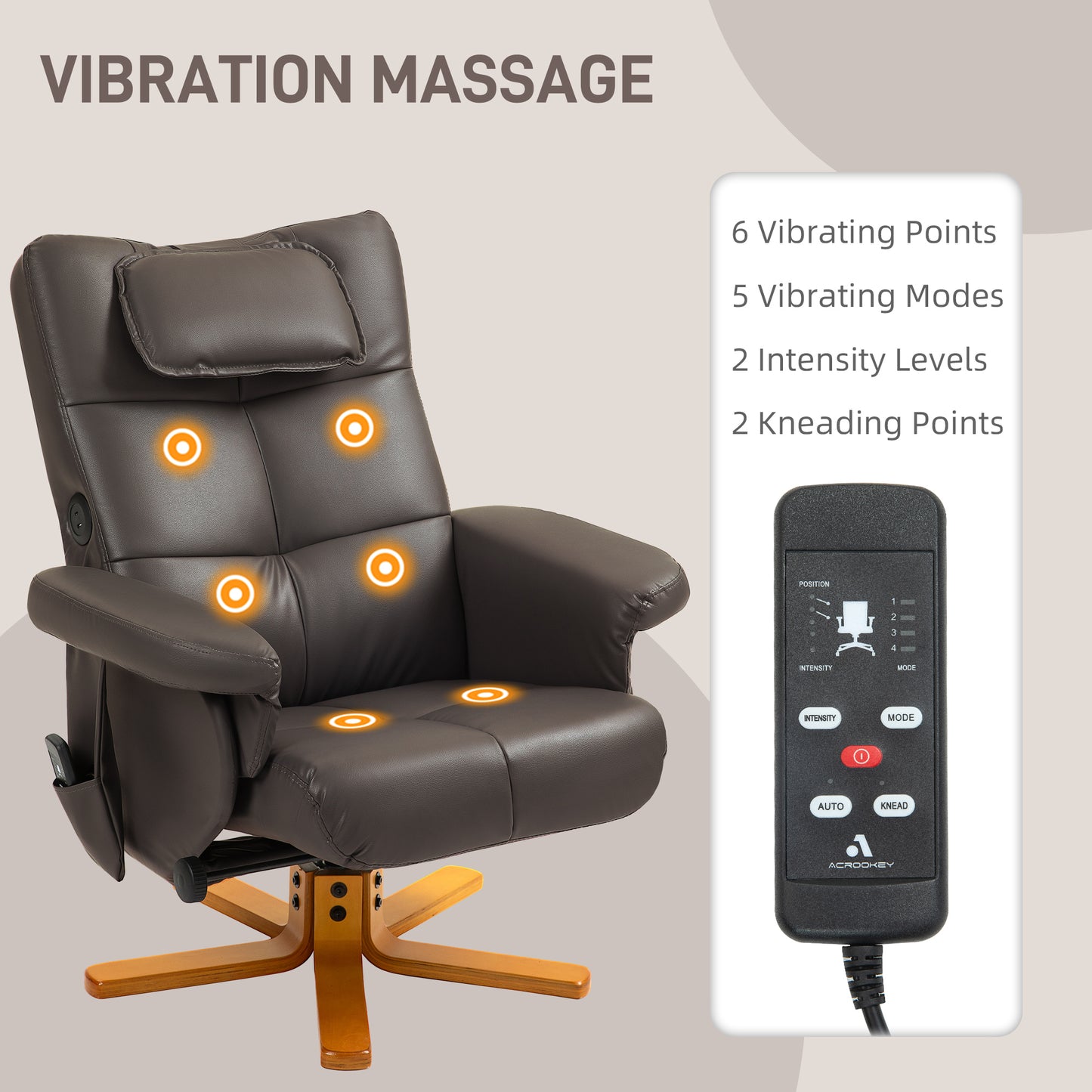 HOMCOM Faux Leather Massage Recliner Chair With Storage Ottoman Brown Adjustable Backrest And Six Massage Points