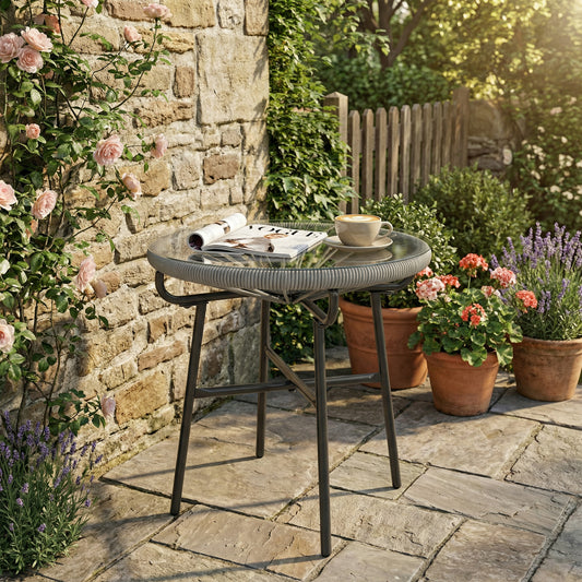 Outsunny Rattan Side Table Round Outdoor Coffee Table With PE Rattan And Tempered Glass Tabletop Light Grey