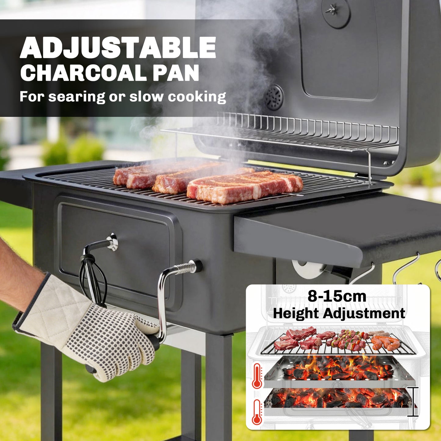 Outsunny Charcoal BBQ Grill With Adjustable Pan Large Outdoor Barbecue Smoker With Side Tables Temperature Control