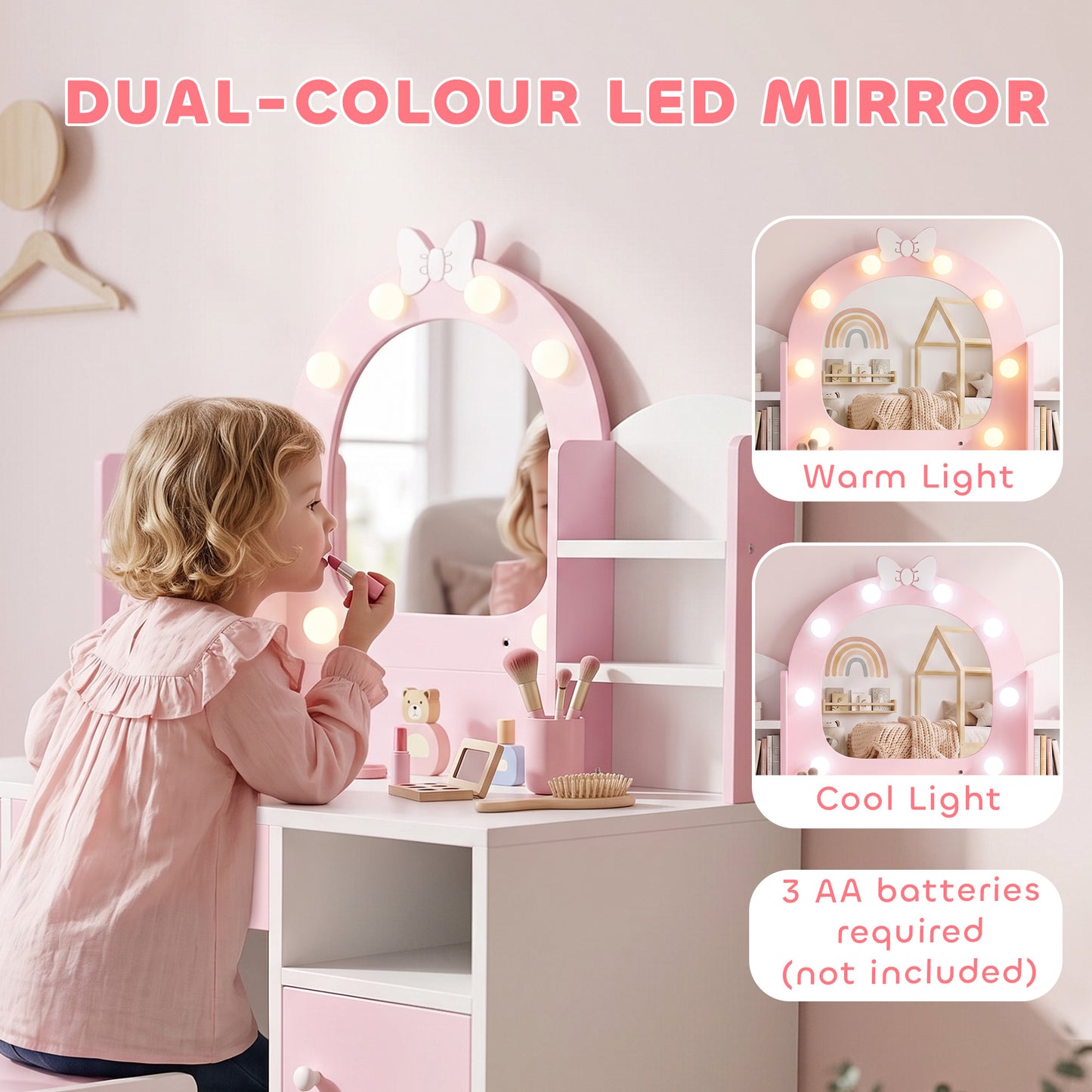 AIYAPLAY Kids Vanity Set Pink With Lighted Mirror And Storage Stool