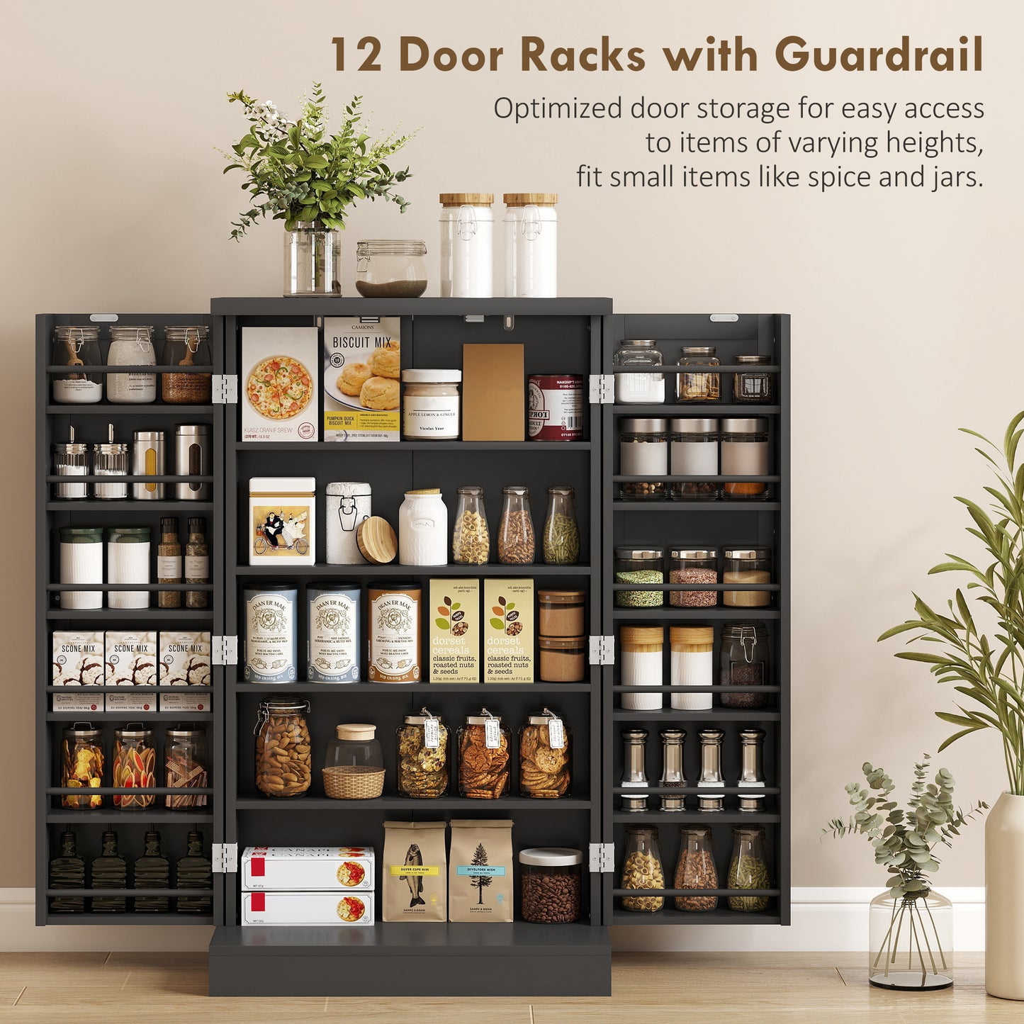 HOMCOM Freestanding Kitchen Pantry Cabinet With Five Inner Shelves And Adjustable Shelves Black