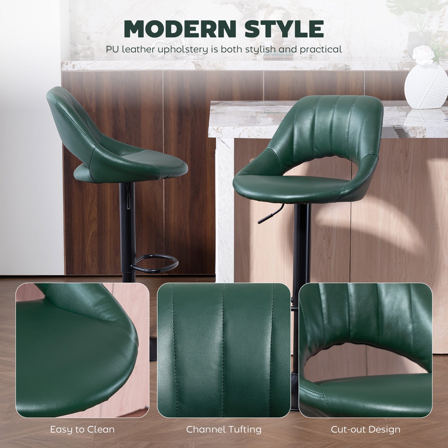 HOMCOM Set of Two Faux Leather Bar Stools Dark Green Adjustable Height 87 to 109 cm 360 Degree Swivel Comfort Foam