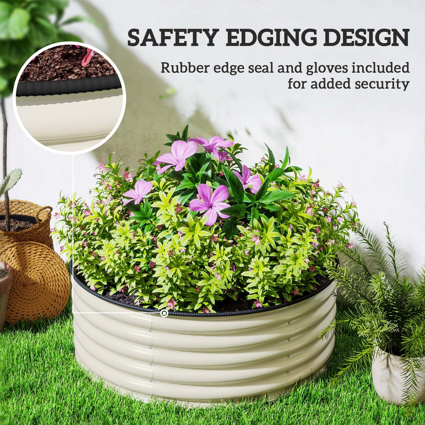 Outsunny Galvanised Raised Garden Bed With Safety Edging Outdoor Planter Box With Gloves 120 x 120 x 43cm Cream White