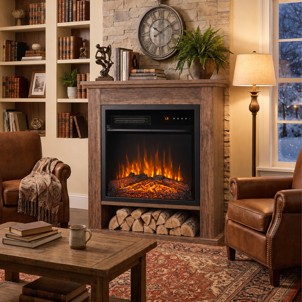 Oak electric fireplace suite with open log shelf and LED flame window in living room