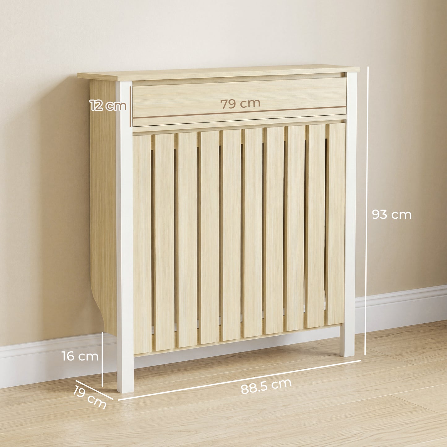 HOMCOM 93 x 88.5 cm Rustic Oak Radiator Cover With White Frame And Slatted Design