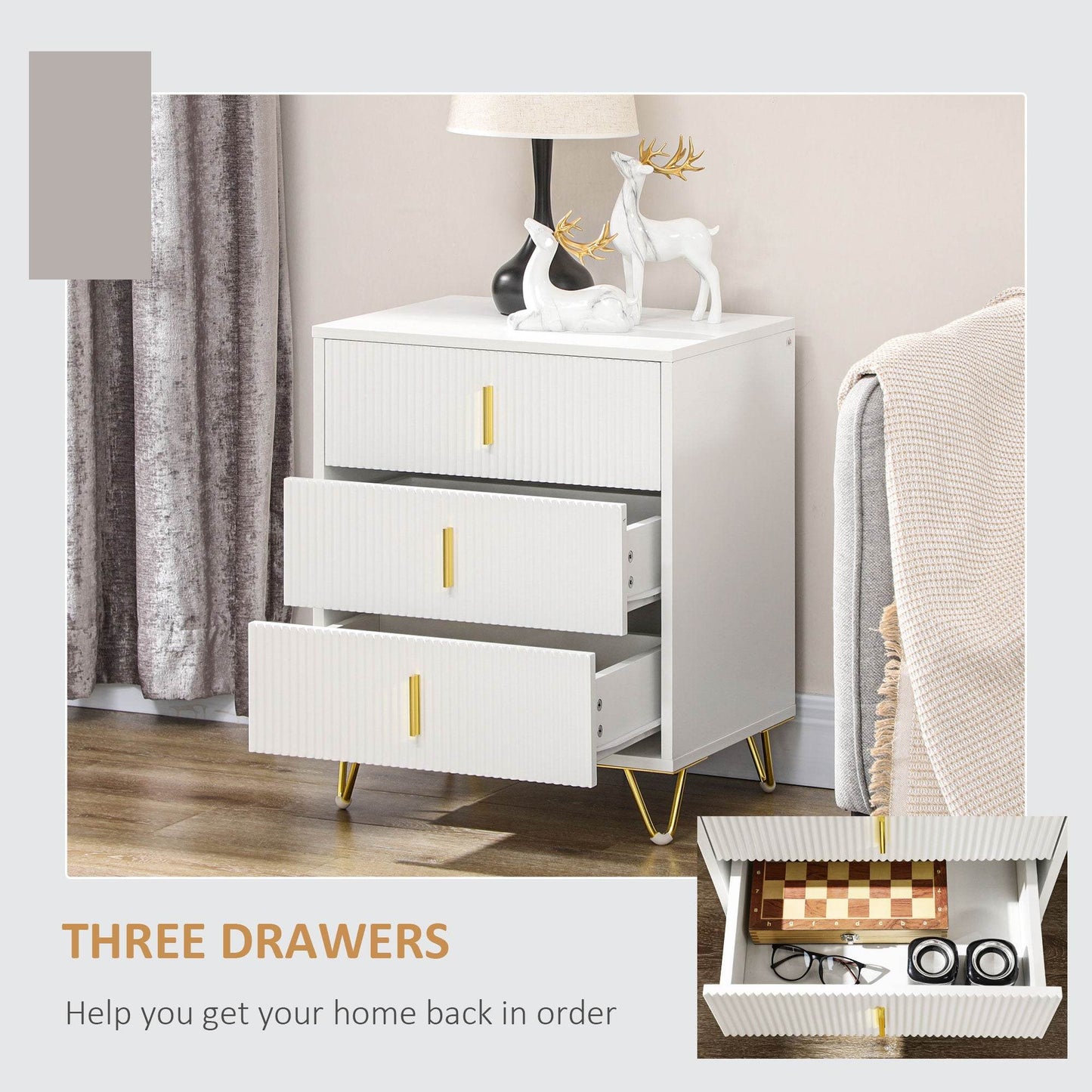 HOMCOM Chic Three-Drawer Storage Unit - White with Gold Accents - ALL4U RETAILER LTD