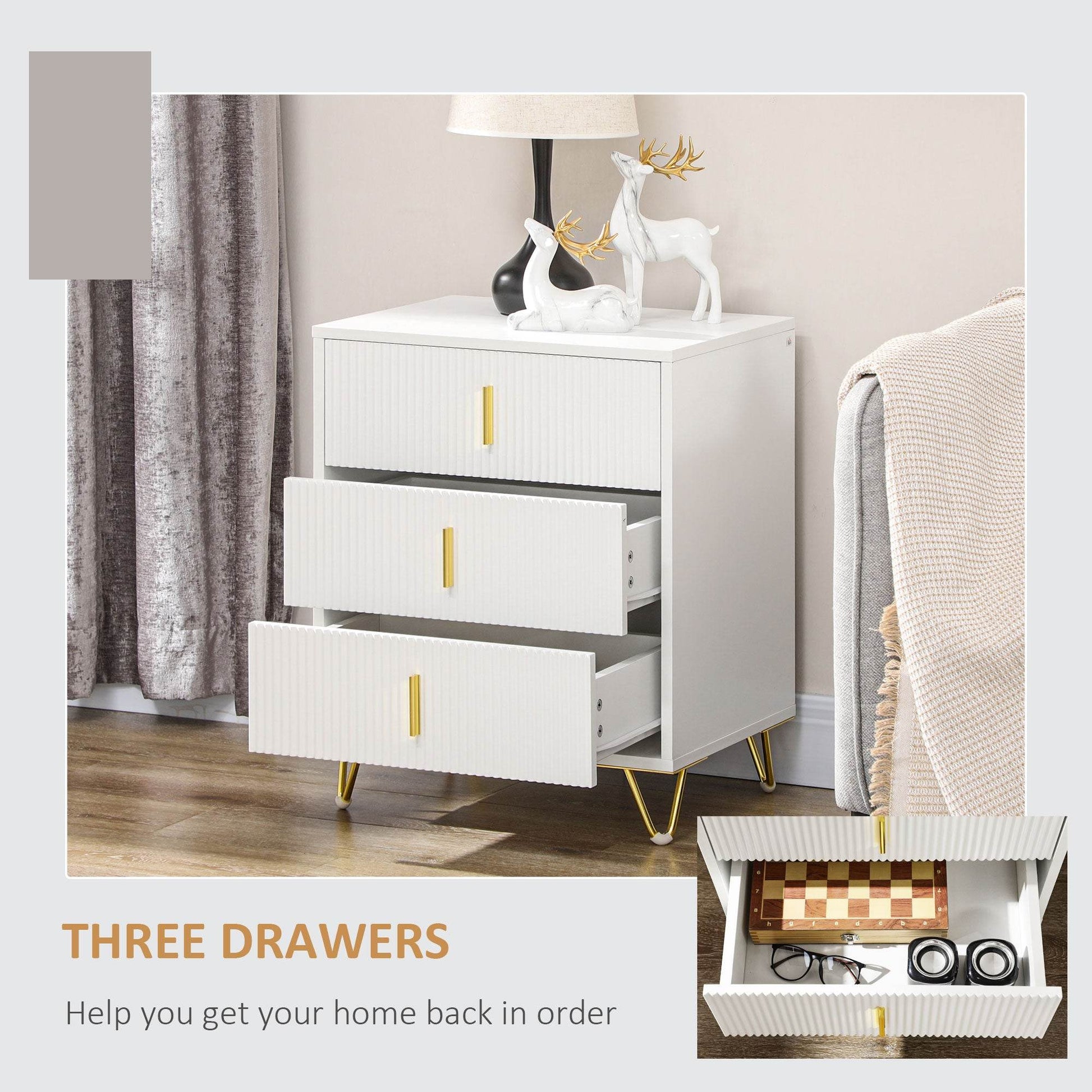 HOMCOM Chic Three-Drawer Storage Unit - White with Gold Accents - ALL4U RETAILER LTD