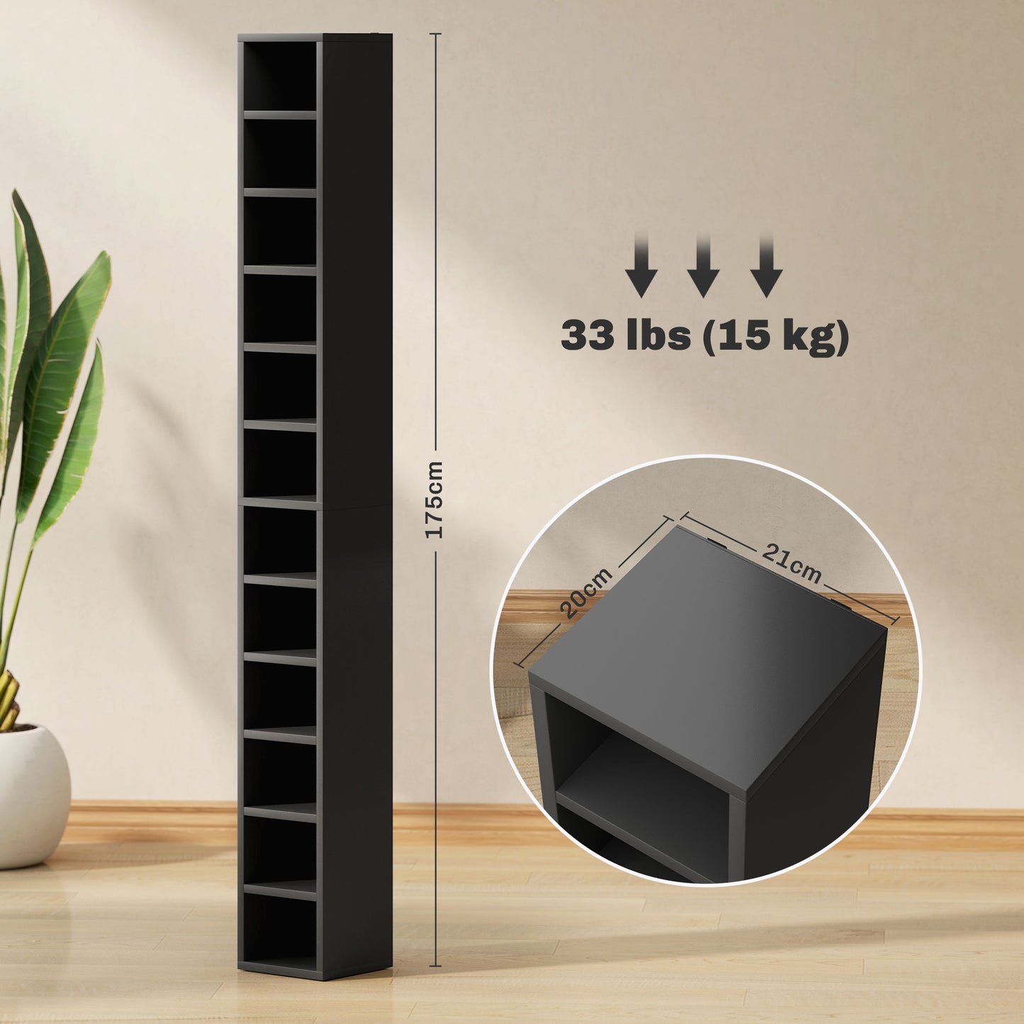 HOMCOM 204 CD Tall Narrow Media Storage Tower Black Space Saving 12 Tier Anti Tip CD Rack