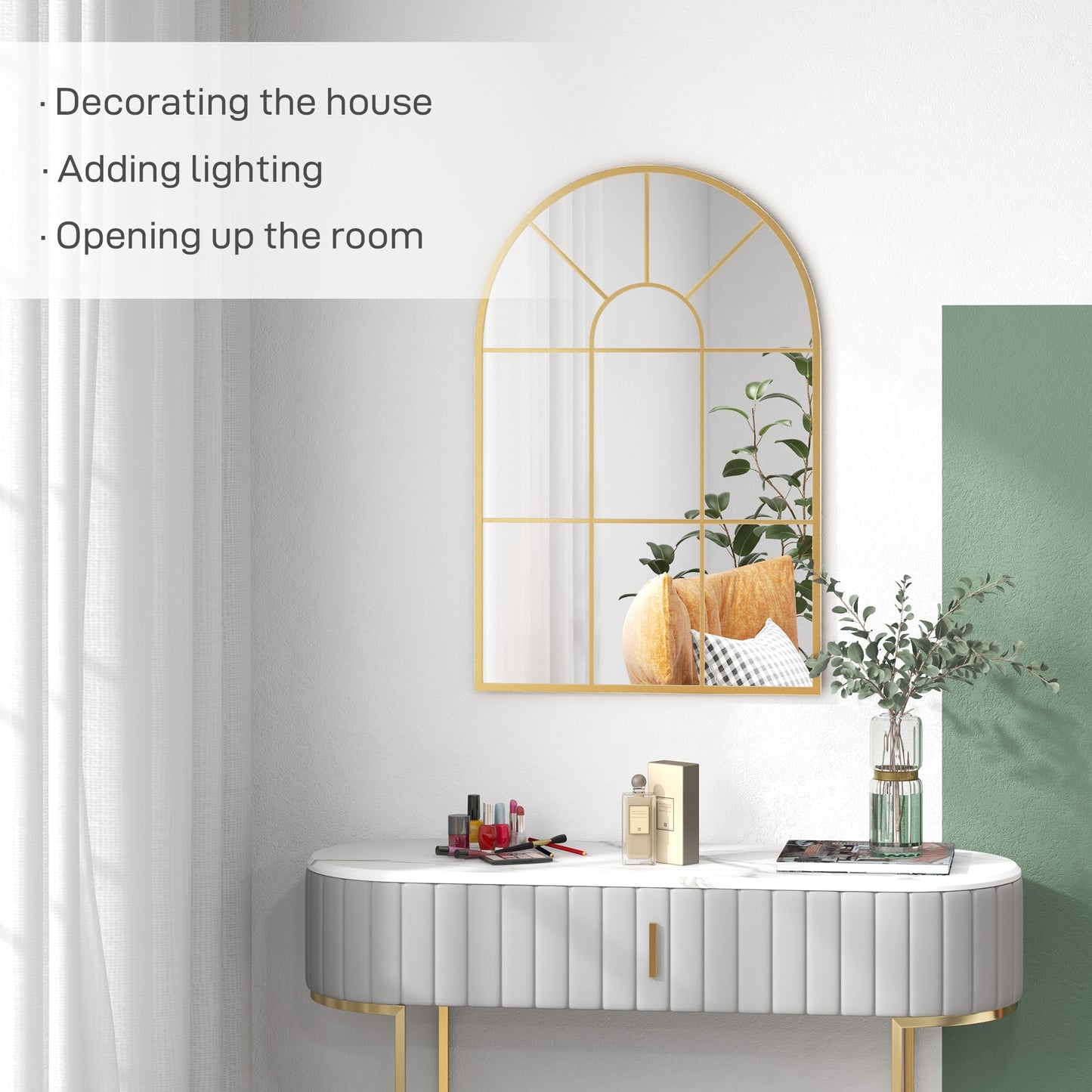 HOMCOM 90 By 61 Cm Arched Grid Mirror Gold Tone With Metal Frame Wall Mount Hooks For Bedroom Hallway Decor