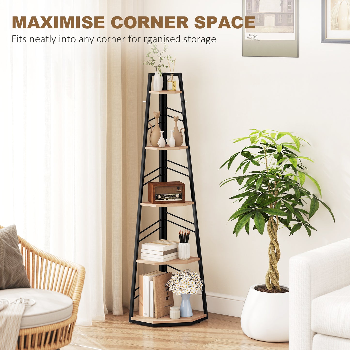 HOMCOM Corner Bookcase Five Tier Floor Standing Bookshelf Shelving Unit for Living Room Study Bedroom Natural Wood