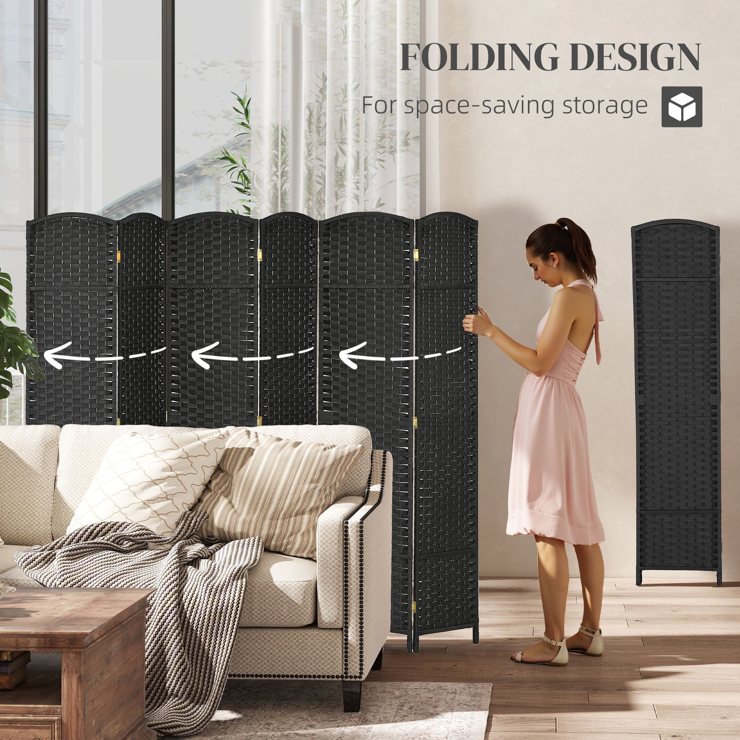 HOMCOM 6 Panel Folding Room Divider Freestanding Privacy Screen For Living Room Bedroom And Office Black 240 X 170 Cm