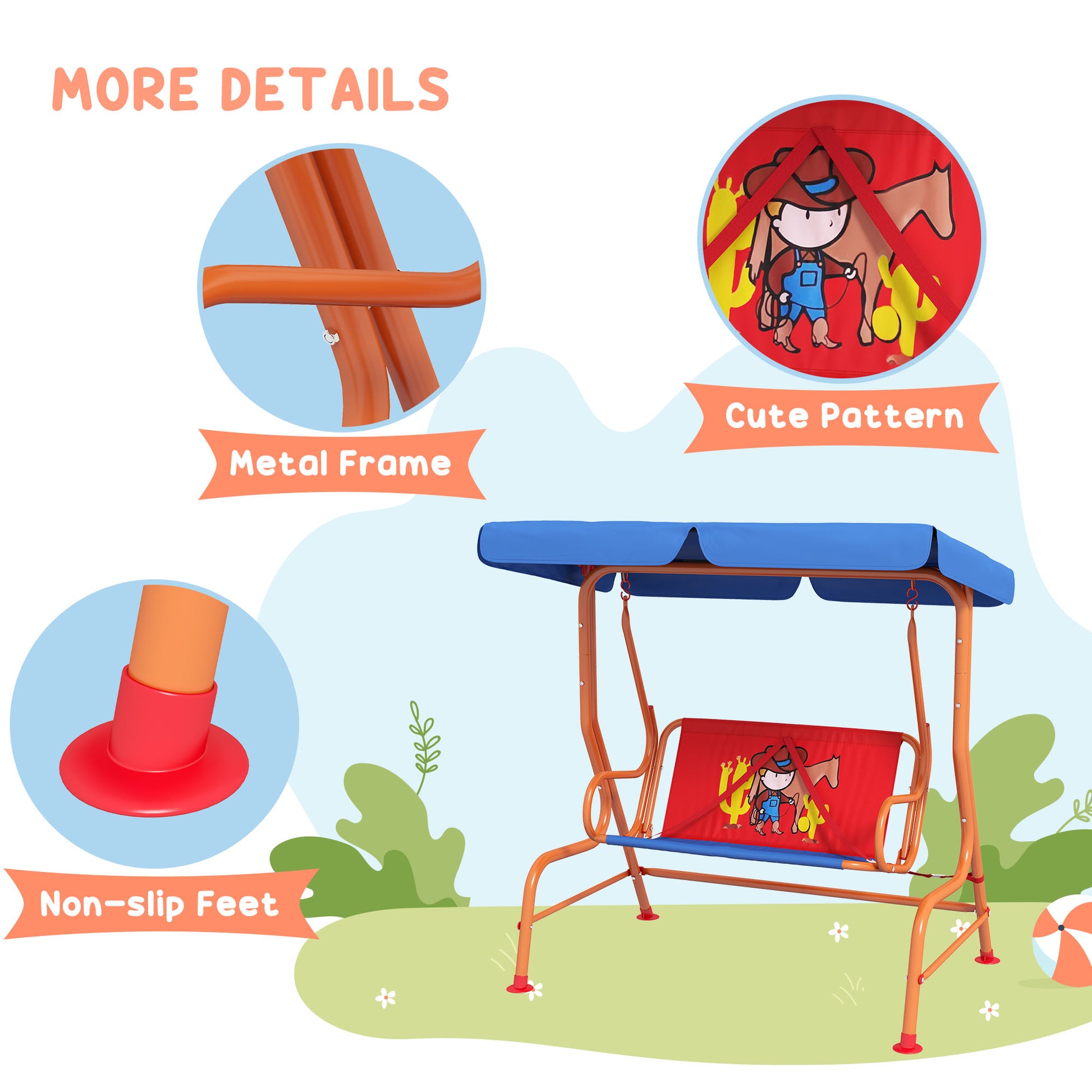 Outsunny Cowboy-Themed Double Seater Kids Swing Chair with Adjustable Canopy and Safety Belts for Outdoor Fun - ALL4U RETAILER LTD