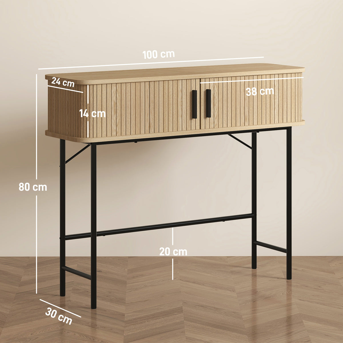 Light wood console table with two sliding doors on tall black legs and open lower space