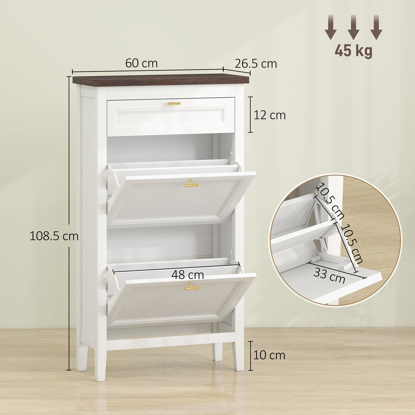 HOMCOM Farmhouse Narrow Shoe Storage Cabinet With 2 Flip Drawers And Adjustable Shelves White