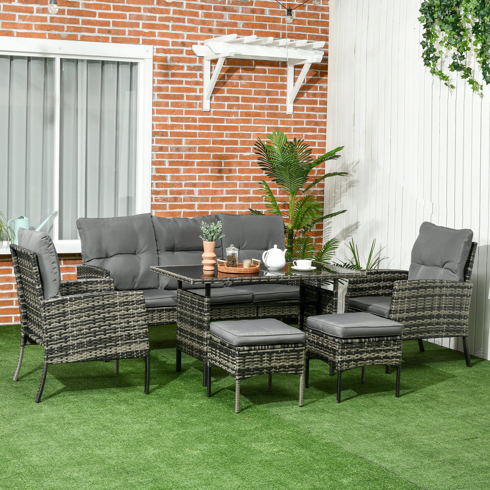 Outsunny 6-Piece Rattan Outdoor Seating Set with 2 Armchairs, 3-Seater Sofa, 2 Footstools, and Glass Coffee Table for Patio and Conservatory - ALL4U RETAILER LTD