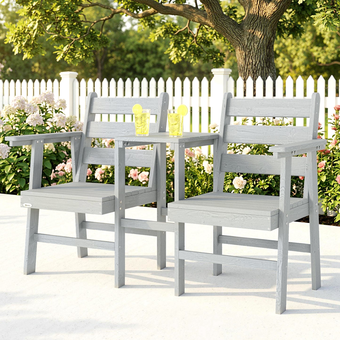 Outsunny Outdoor Garden Loveseat With Integrated Table Between Jack And Jill Seats Embossed Wooden Grey