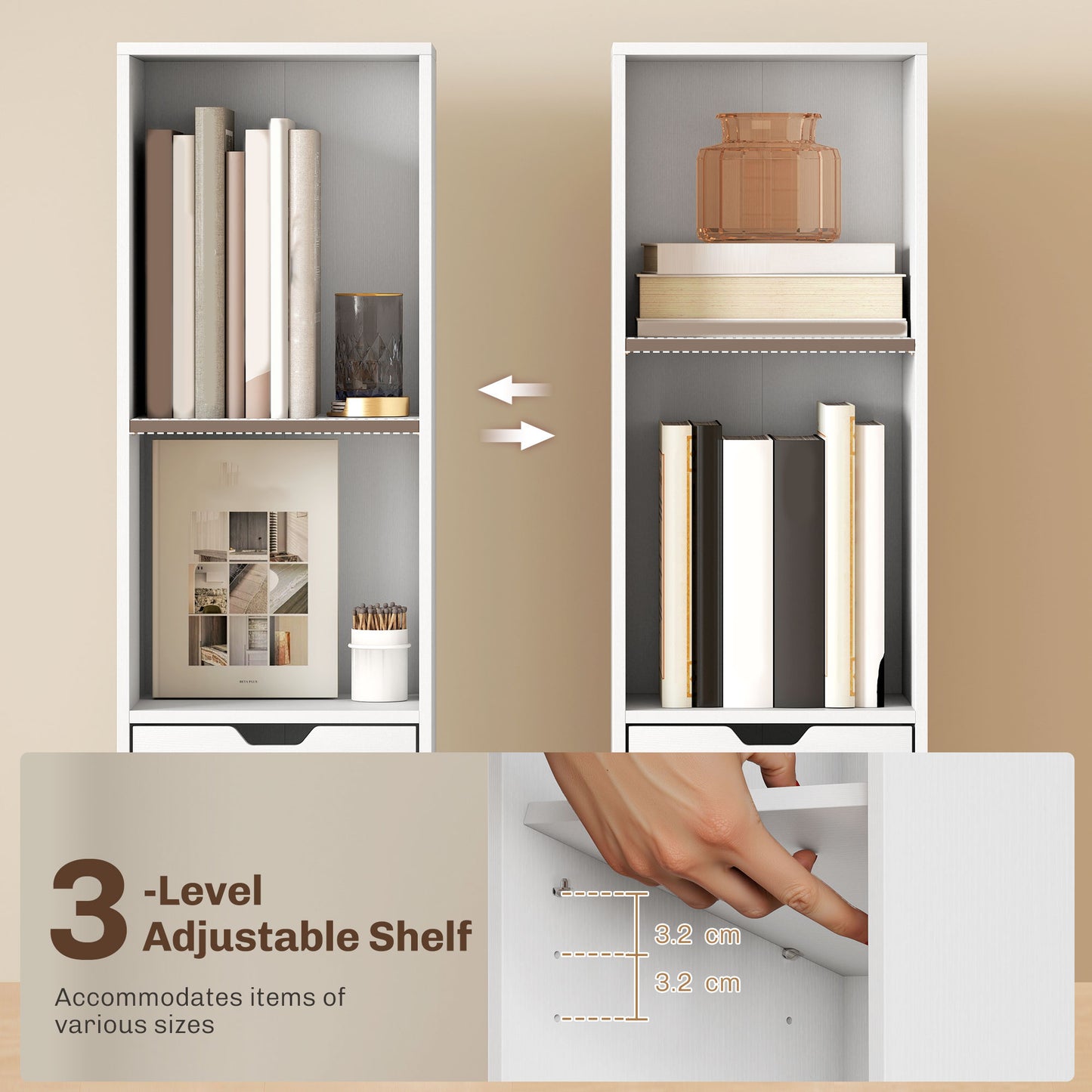 HOMCOM 6-Tier Tall Narrow Bookcase With Drawer And Door White Finish For Living Room Office Storage