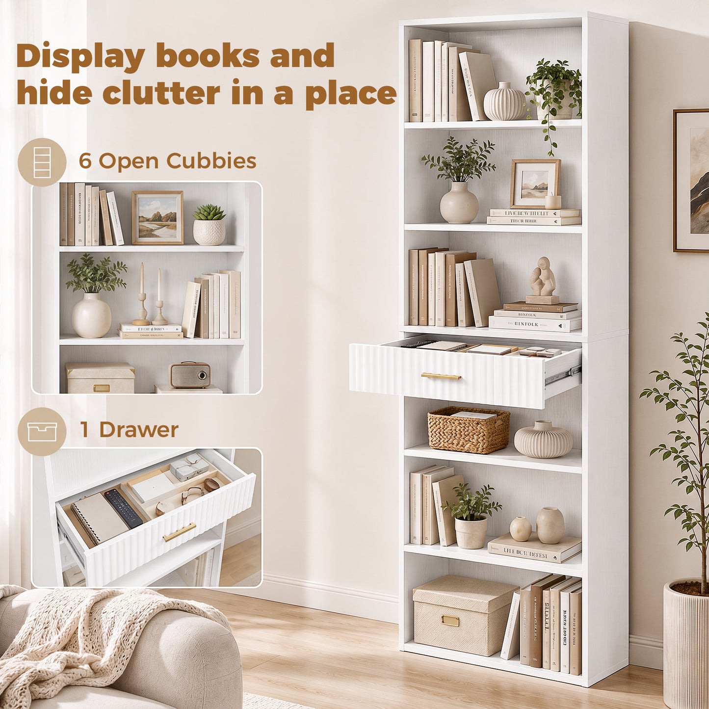 Homcom Tall Narrow Bookshelf With Drawer 7 Tier White Storage Rack