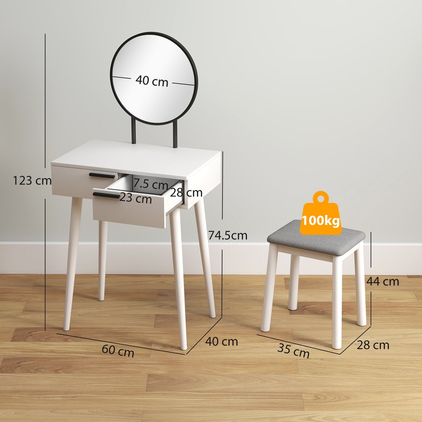 HOMCOM Modern Dressing Table With Round Mirror And Stool, Makeup Vanity With 2 Drawers In White, 60 x 40 x 123 Cm