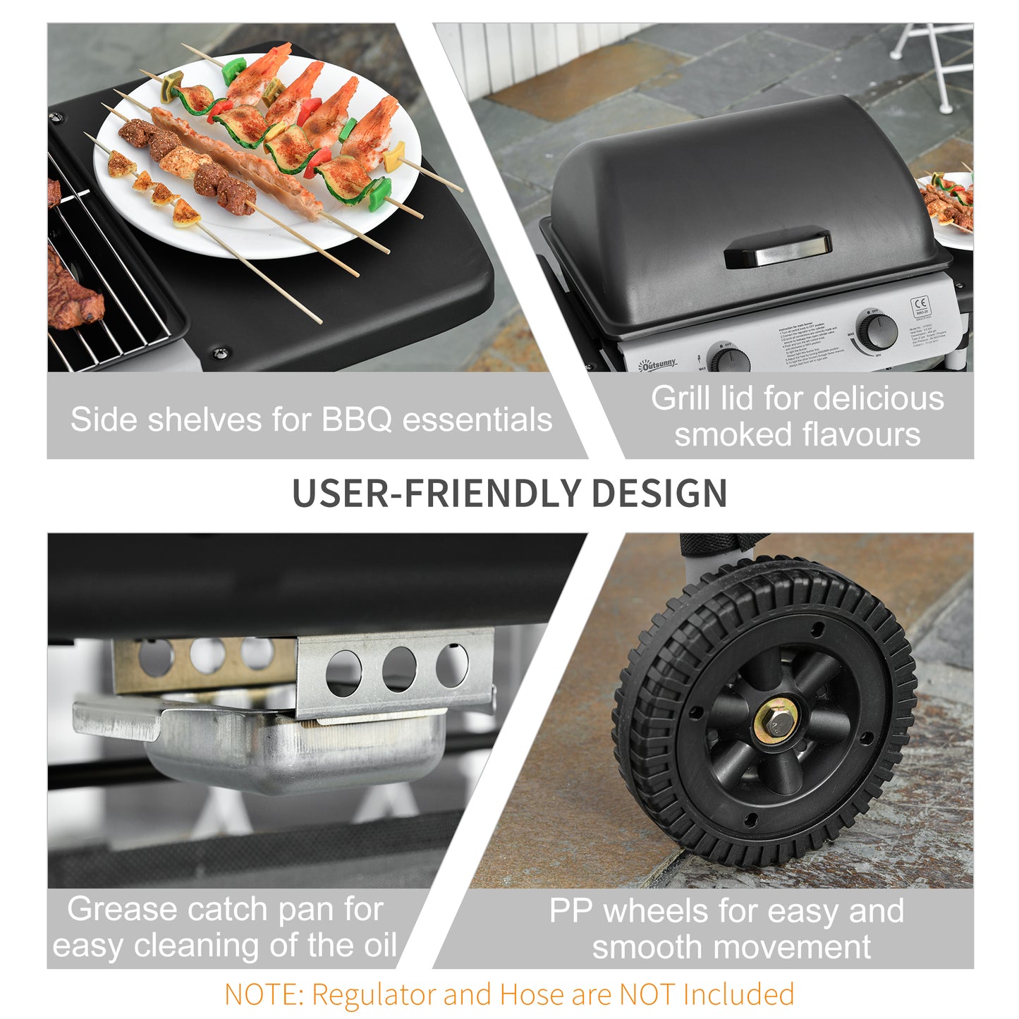 Outsunny Gas BBQ Grill With Two Point Eight kW Burners Individually Controlled And Two Extending Side Tables Grey