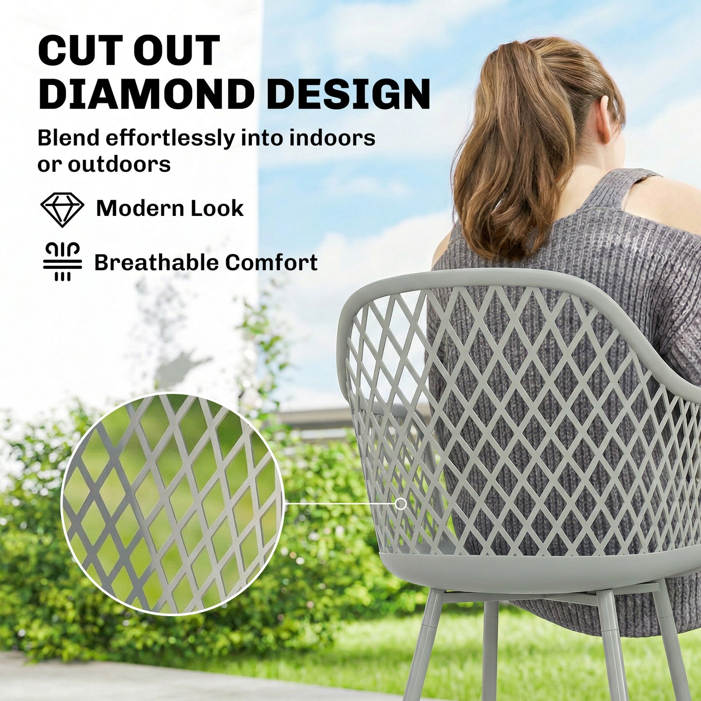 Outsunny Garden Chairs Set Of 4 Outdoor Dining Chairs With Cutout Diamond Back And Armrests Grey For Patio