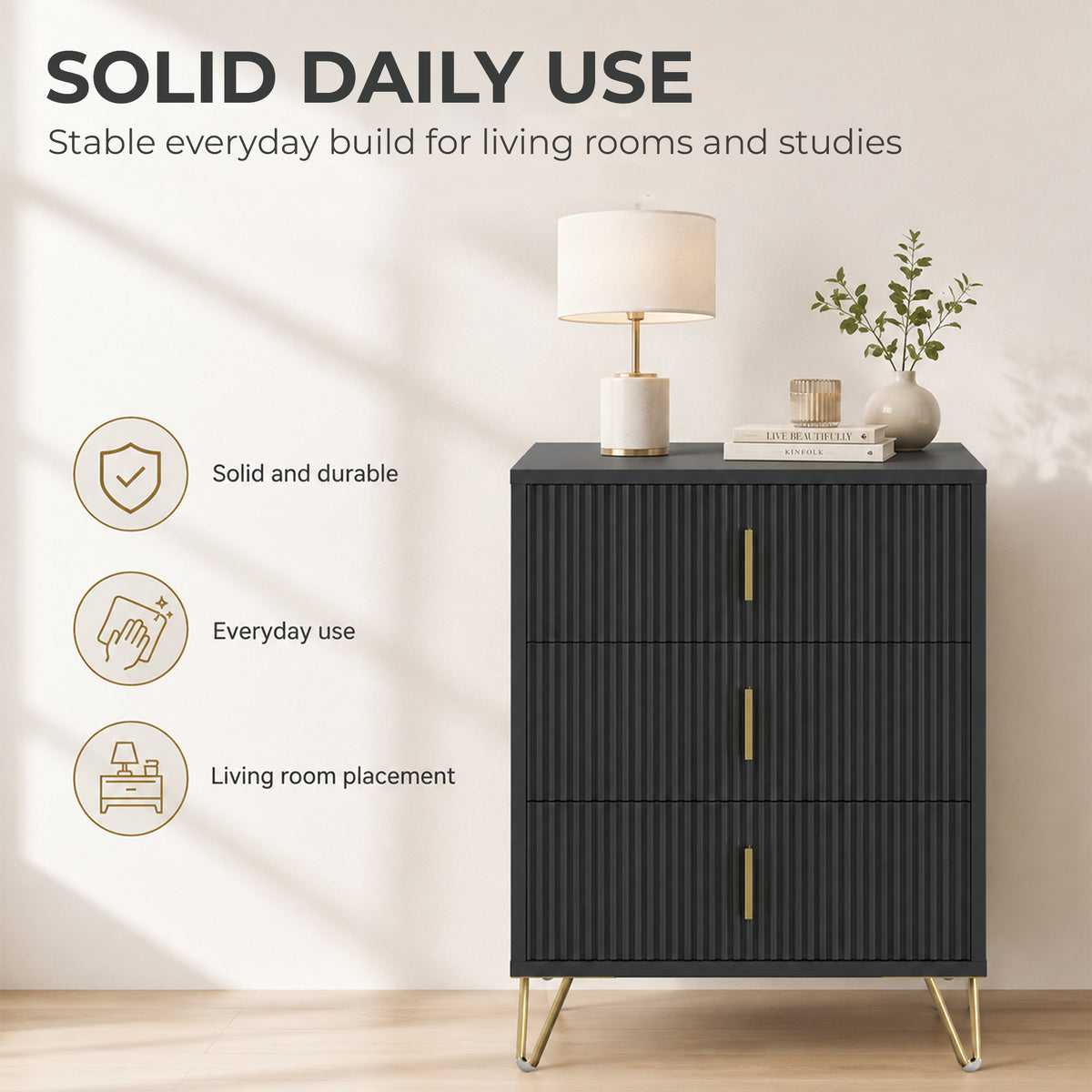 Homcom Modern Fluted 3 Drawer Dresser With Metal Legs For Bedroom Black