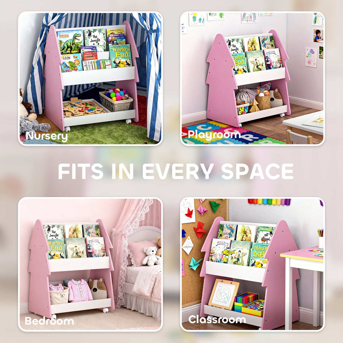 AIYAPLAY Double Sided Kids Bookcase With Toy Storage On Wheels 3 Tier Pink Bedroom Organizer