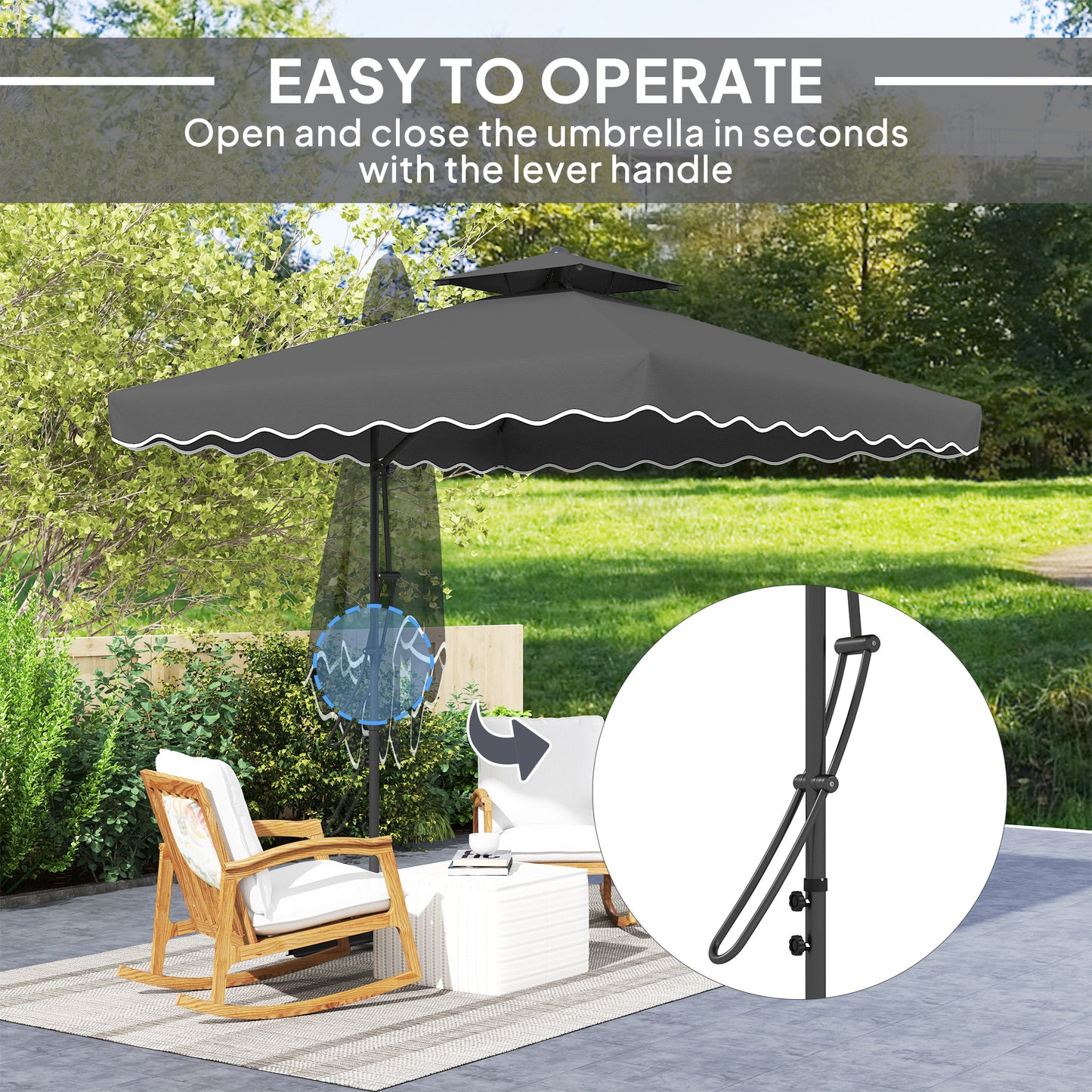Outsunny 2.5m Cantilever Parasol with Easy Lever Square Double Top Garden Umbrella Overhanging Sun Shade Black