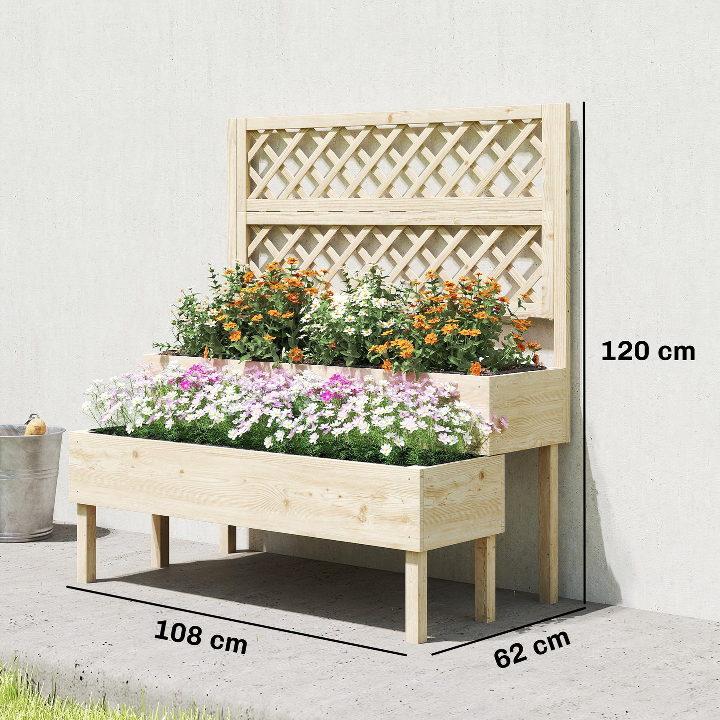 Outsunny Raised Garden Bed 2 Tier Stepped Design Planter Box With Trellis For Climbing Plants 108x62x120 Cm