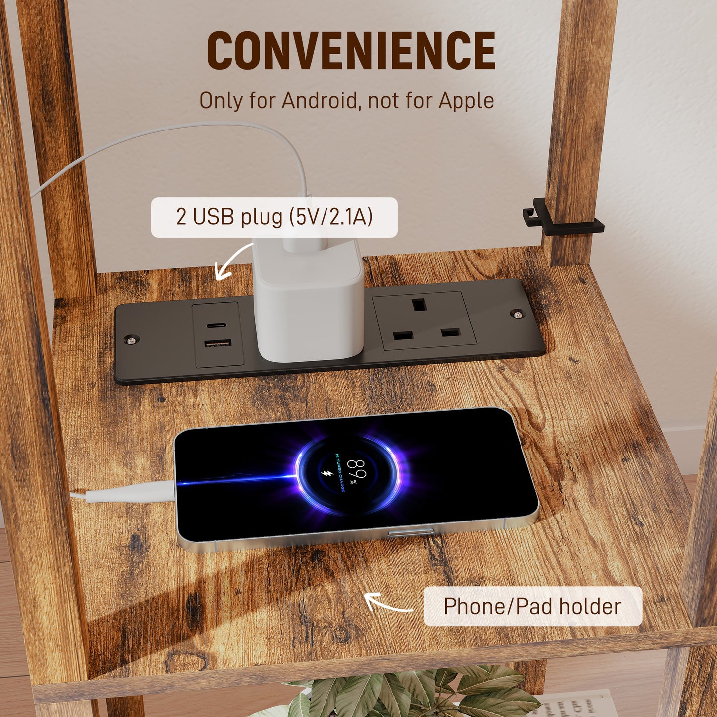 HOMCOM Floor Lamp With Shelves, USB Ports, 3 Colour Temperature, Rustic Brown Standing Lamp