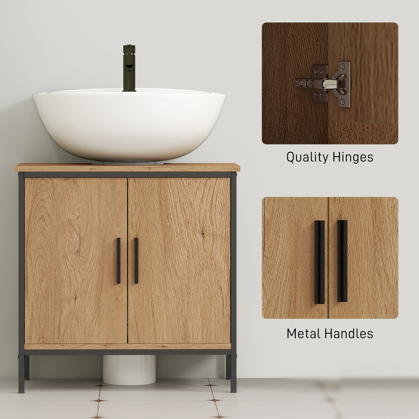 HOMCOM Bathroom Vanity Unit Under Sink Storage Cabinet With Two Doors Adjustable Shelf For Basin Without Pedestal Oak