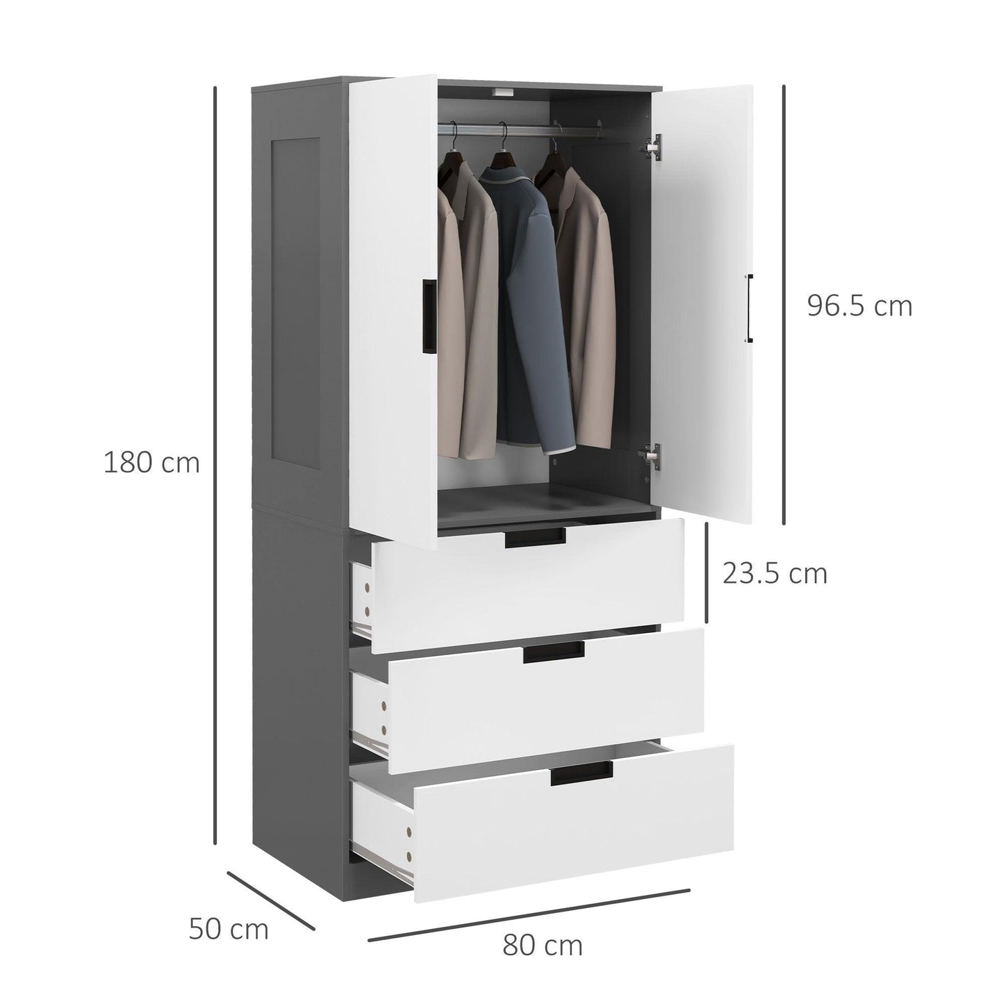 HOMCOM 2 Door Wardrobe, Modern Wardrobe with 3 Drawers and Hanging Rod for Bedroom, Grey - ALL4U RETAILER LTD