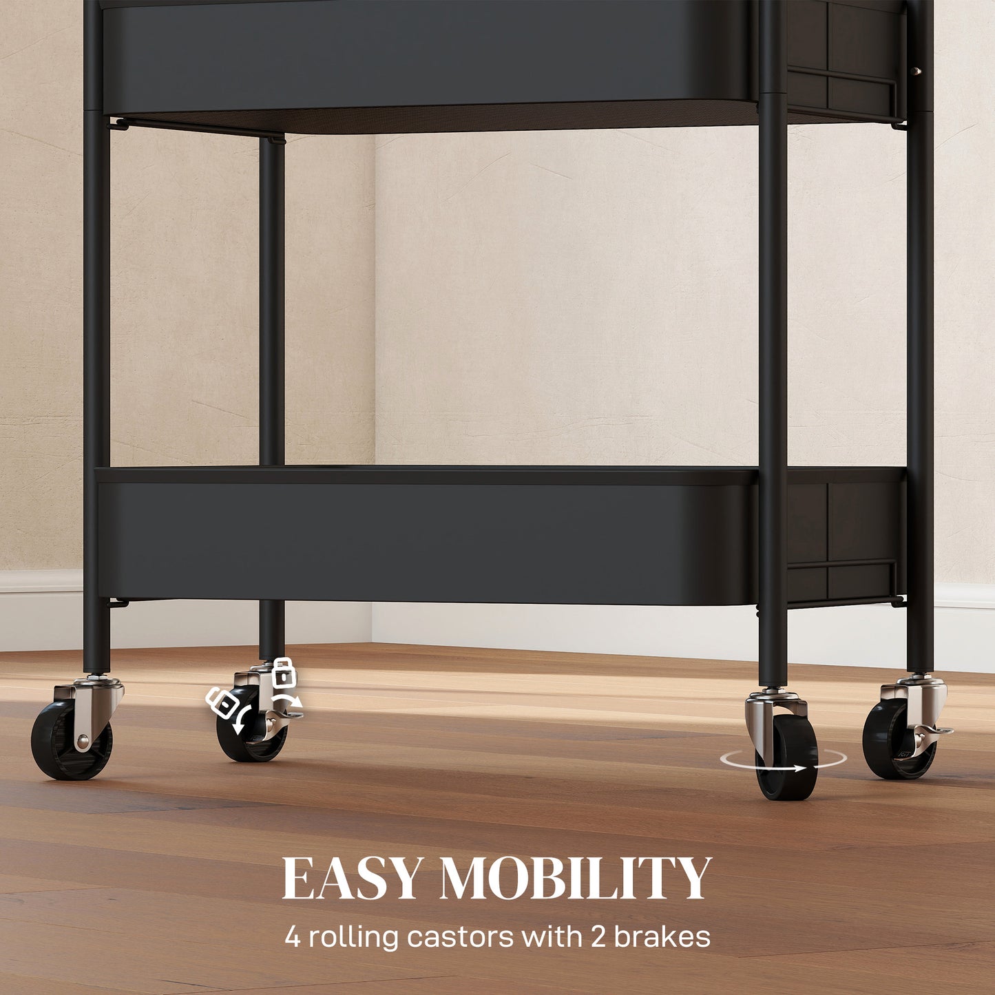 HOMCOM Three Tier Steel Storage Trolley Black Rolling Cart With Three Baskets For Home Kitchen Laundry Office