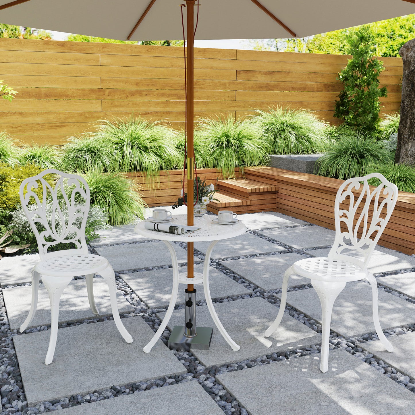 Outsunny 3 Piece Garden Bistro Set Cast Aluminium Outdoor Furniture With Umbrella Hole For Balcony Porch Patio White