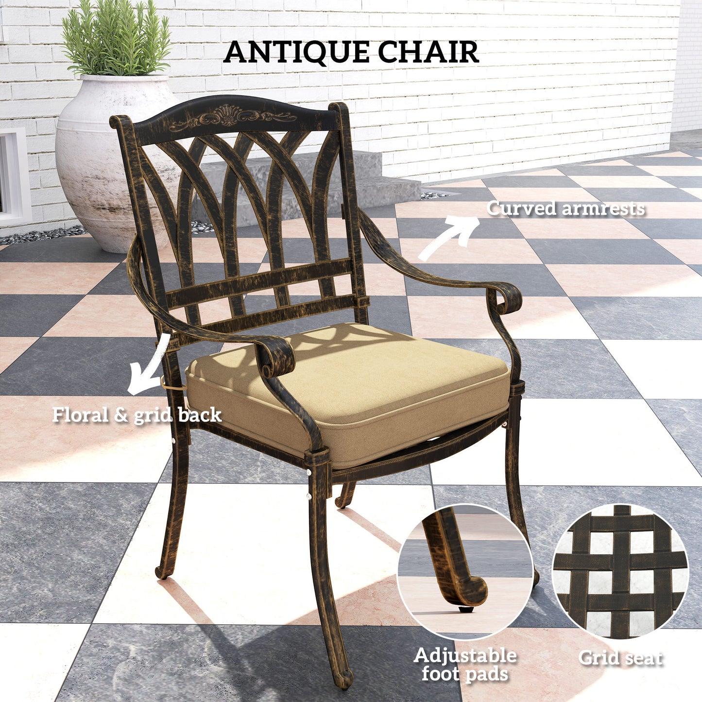 Outsunny Seven Piece Cast Aluminium Garden Dining Set In Bronze Tone With Rectangular Table And Six Chairs