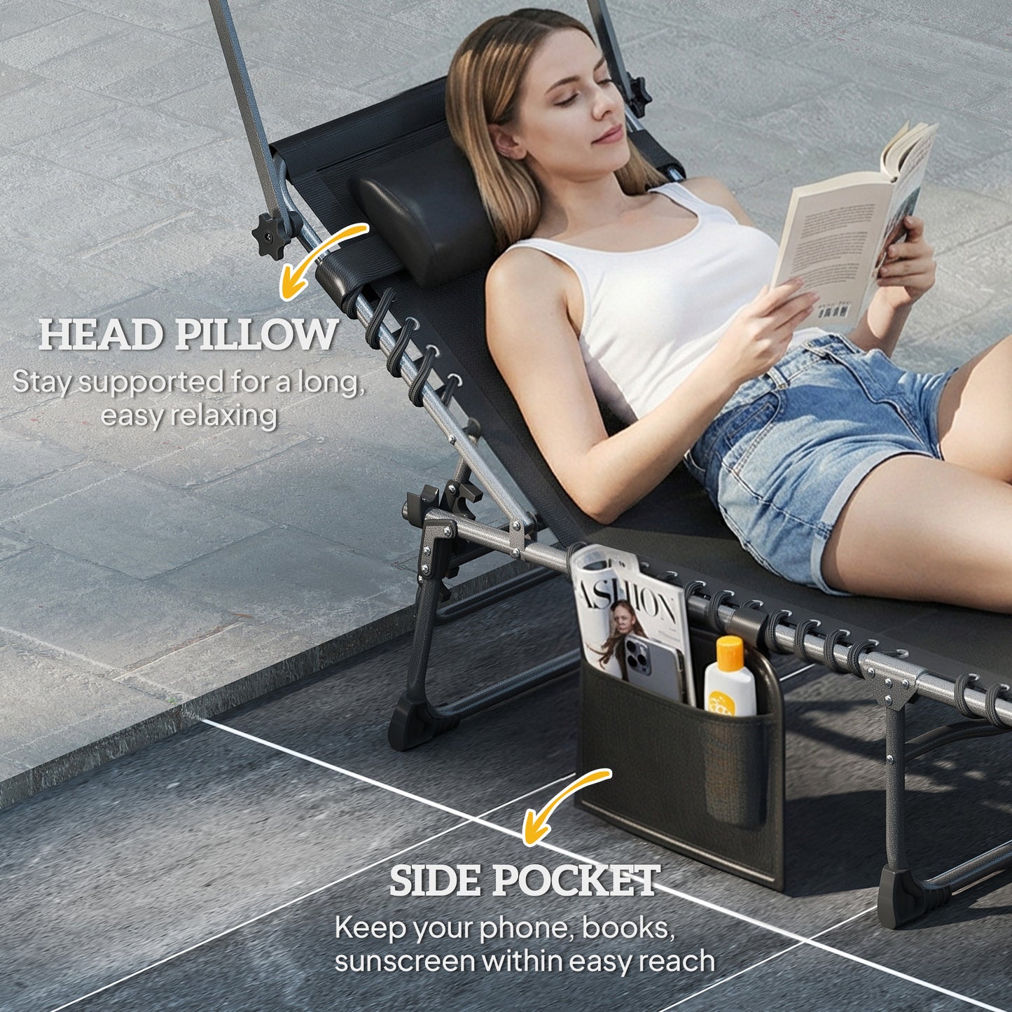 Outsunny Folding Sun Lounger with Canopy and Cushion, Reclining Sunbed with Side Pocket and Carry Handle, Black