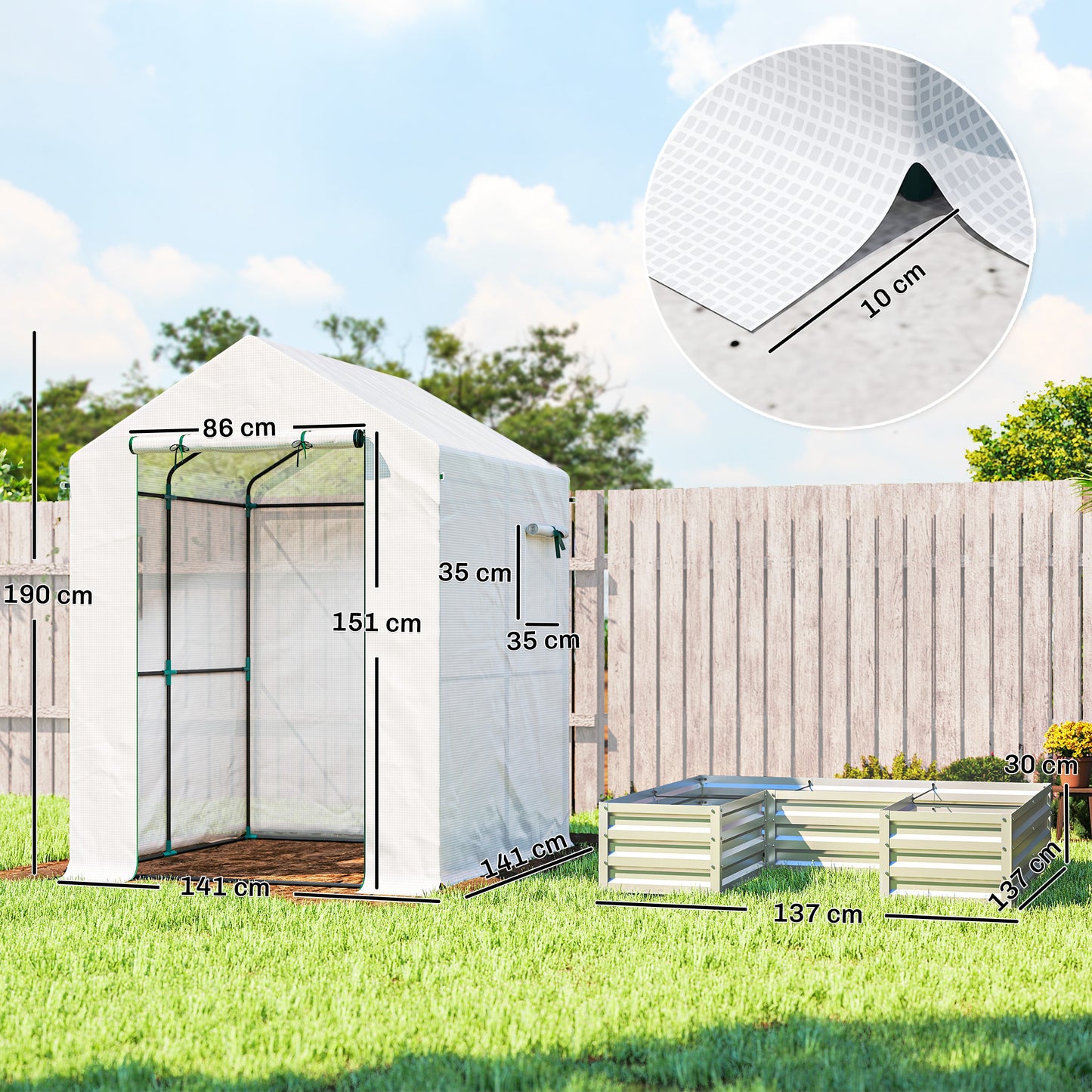 Outsunny Small Greenhouse With Raised Garden Bed Walk In Galvanised Steel Frame Roll Up Windows 141 X 141 X 190 cm White